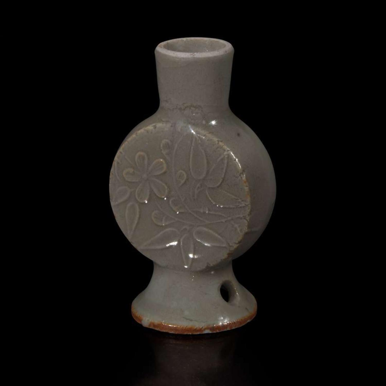 An Unusual Chinese celadon-glazed miniature molded moonflask 青釉袖珍月亮瓶 Probably Ming/early Qing dynasty ??????