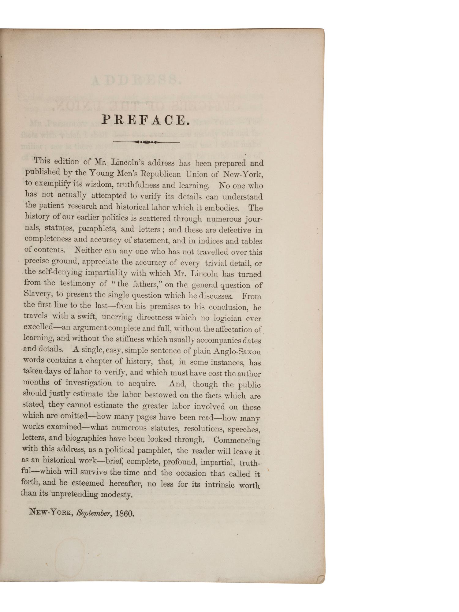 [LINCOLN, Abraham (1809-1865)"The Cooper Union Speech"]. New York: George F. Nesbitt & Co., 1860.