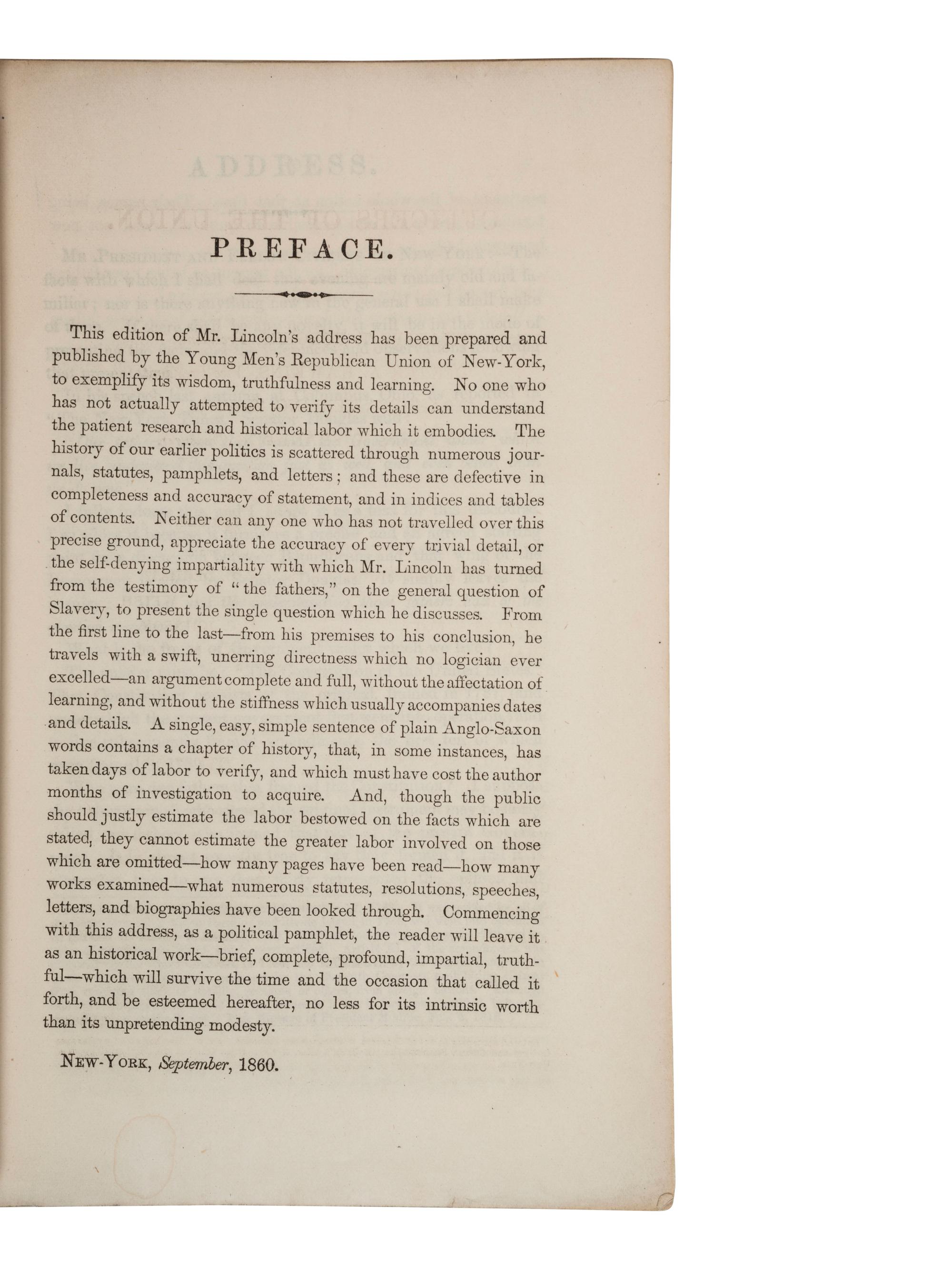 [LINCOLN, Abraham (1809-1865)"The Cooper Union Speech"]. New York: George F. Nesbitt & Co., 1860.