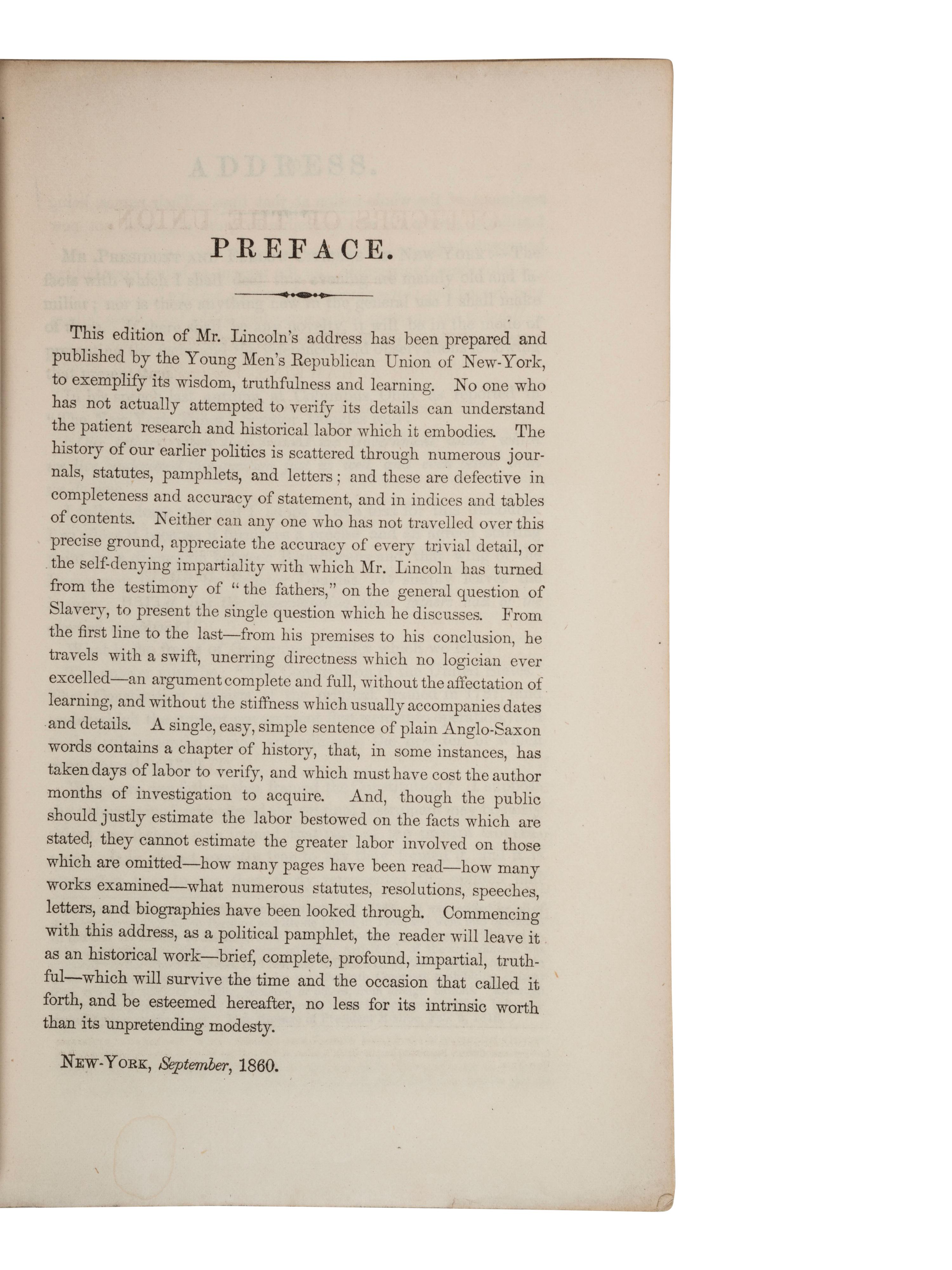 [LINCOLN, Abraham (1809-1865)"The Cooper Union Speech"]. New York: George F. Nesbitt & Co., 1860.