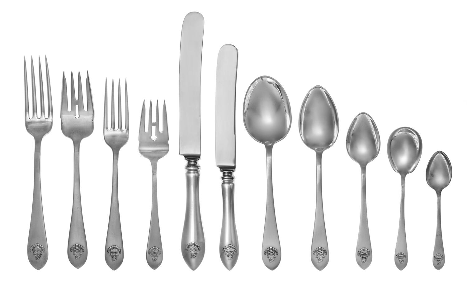 An American Silver Flatware Service, Dominick & Haff, New York, NY, retailed by Grogan & Co., Pittsburgh, the terminal of each handle w