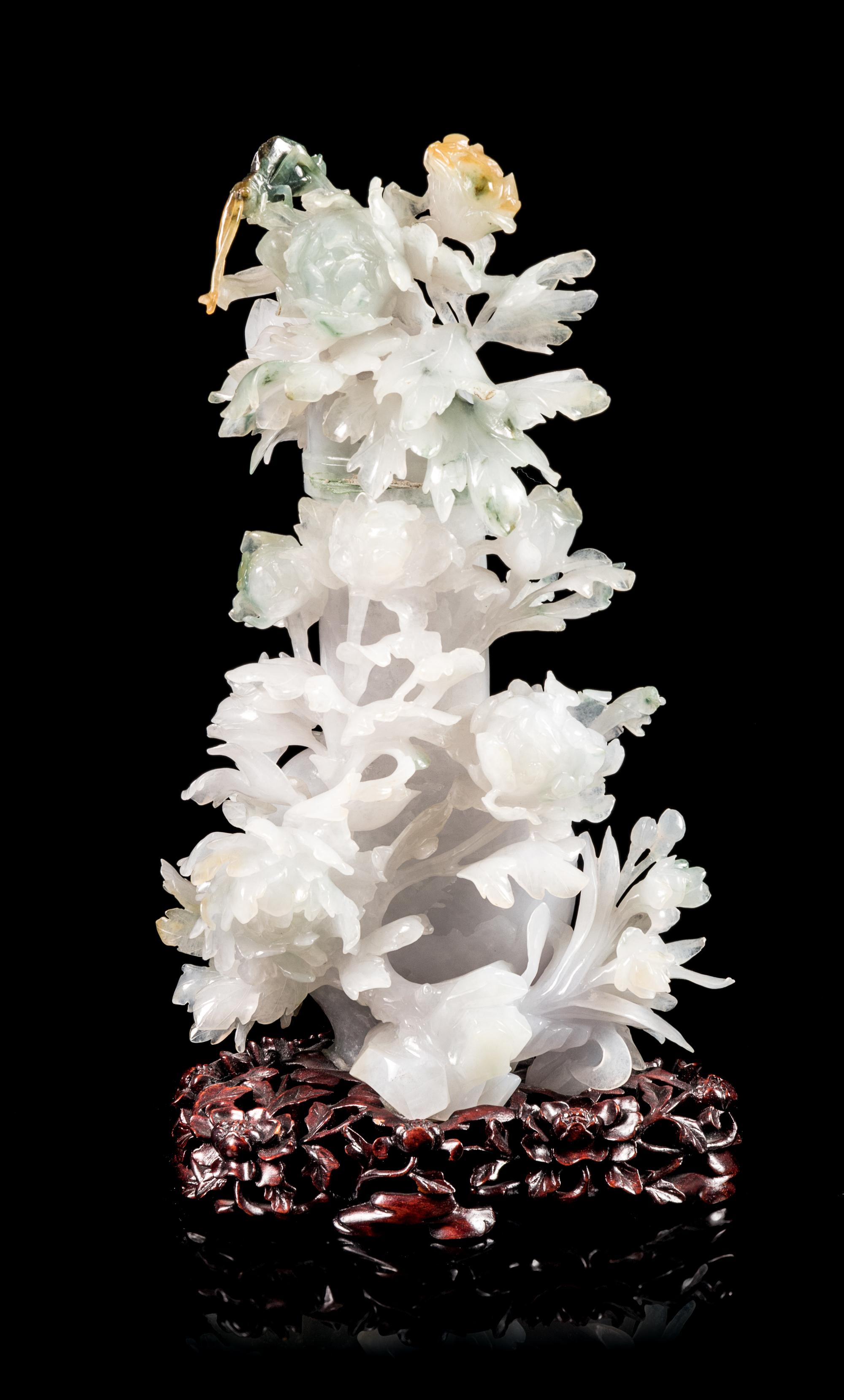 A Green, Russet and White Jadeite 'Floral' Covered Vase Height 8 1/2 inches. — 20TH CENTURY