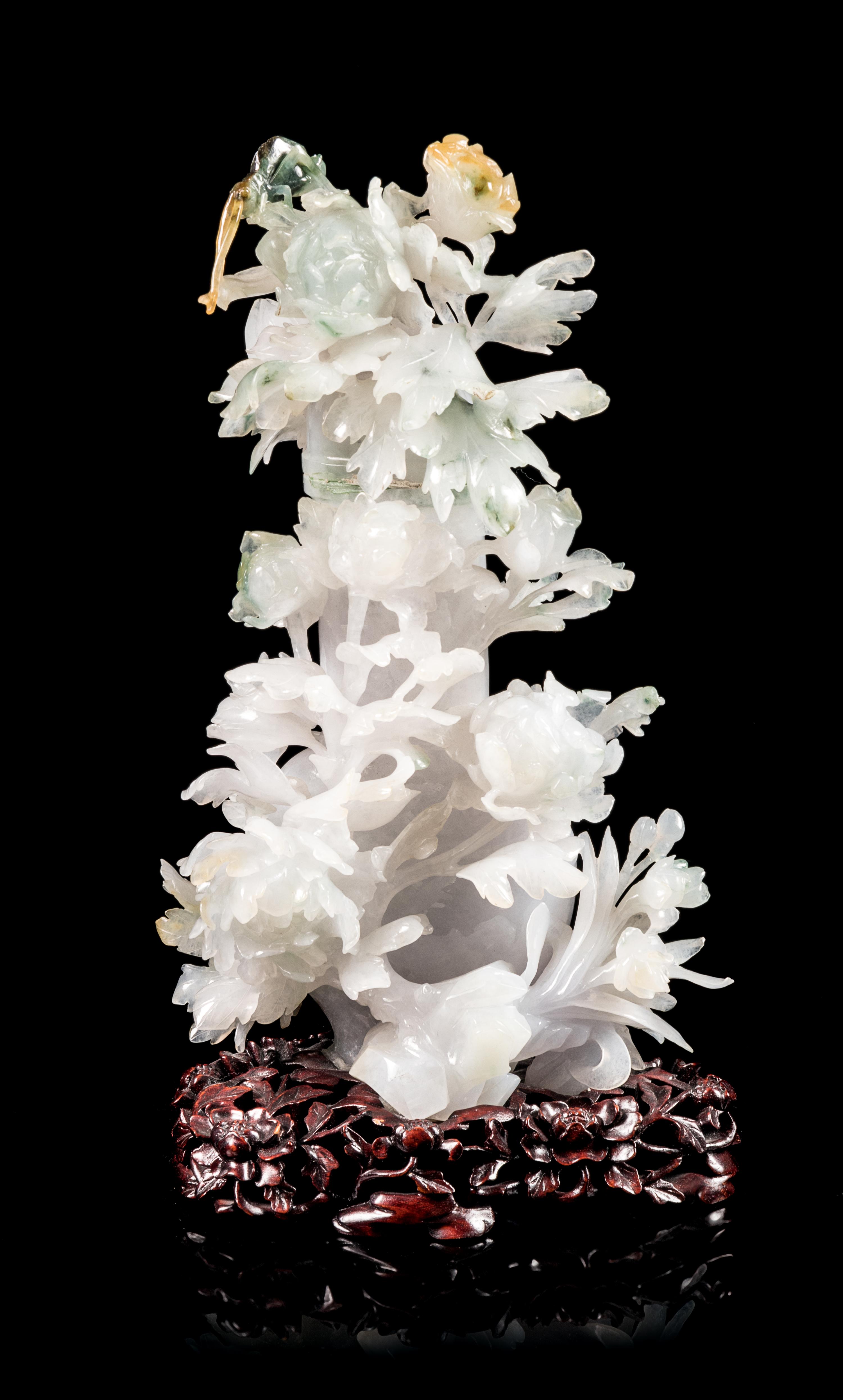 A Green, Russet and White Jadeite 'Floral' Covered Vase Height 8 1/2 inches. — 20TH CENTURY