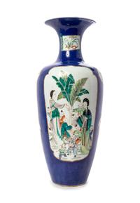 A Powder Blue Ground Famille Verte Porcelain Rouleau Vase