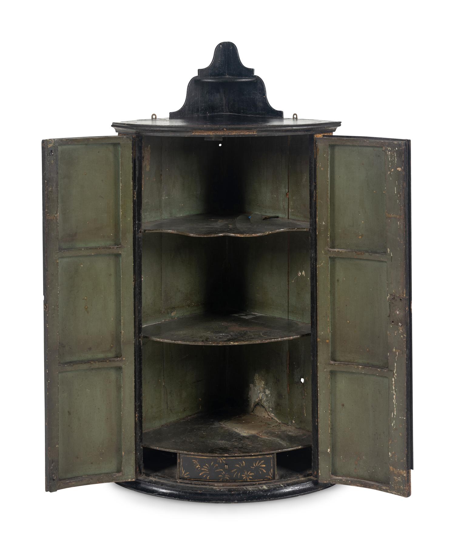 A George III Black Japanned Hanging Corner Cabinet