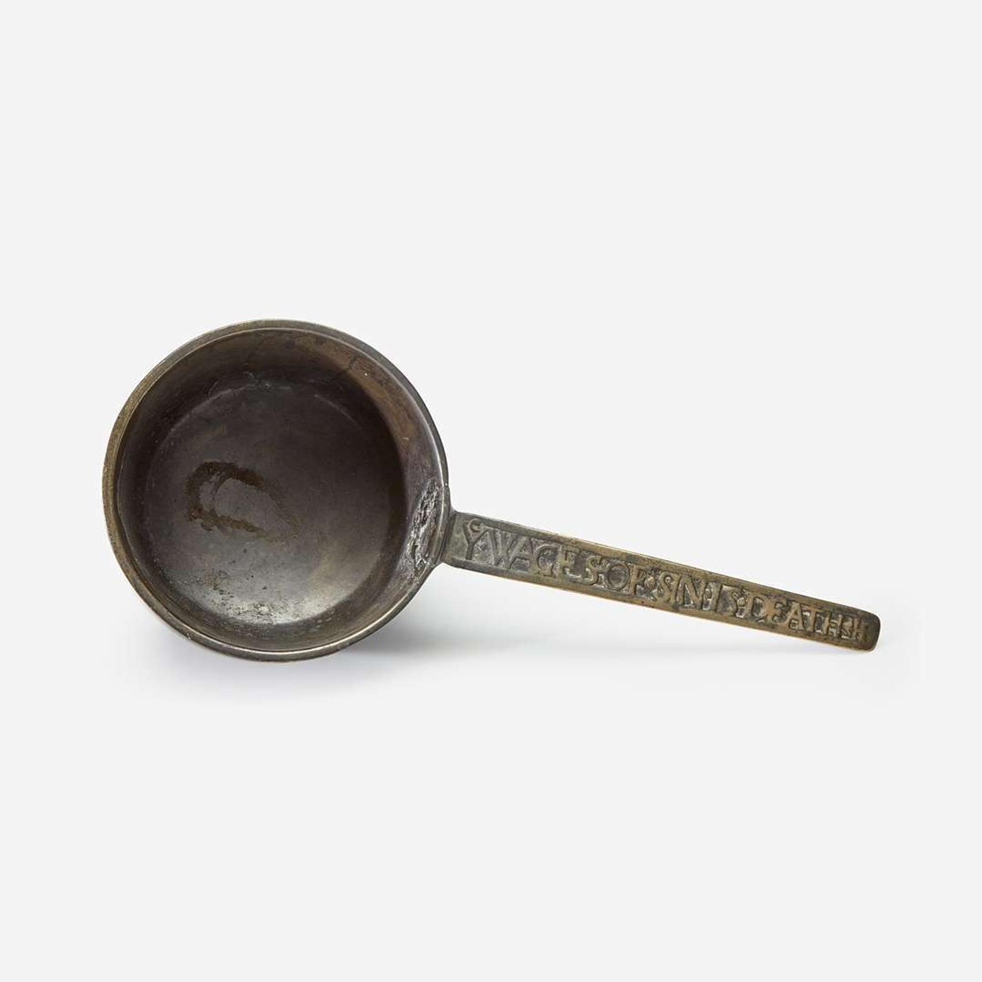 An English Bronze Skillet, Inscribed 'Wages of Sin is Death' 18th century