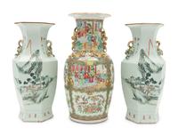 A Pair of Chinese Famille Rose Porcelain Vases and a Chinese Export Rose Medallion Porcelain Vase