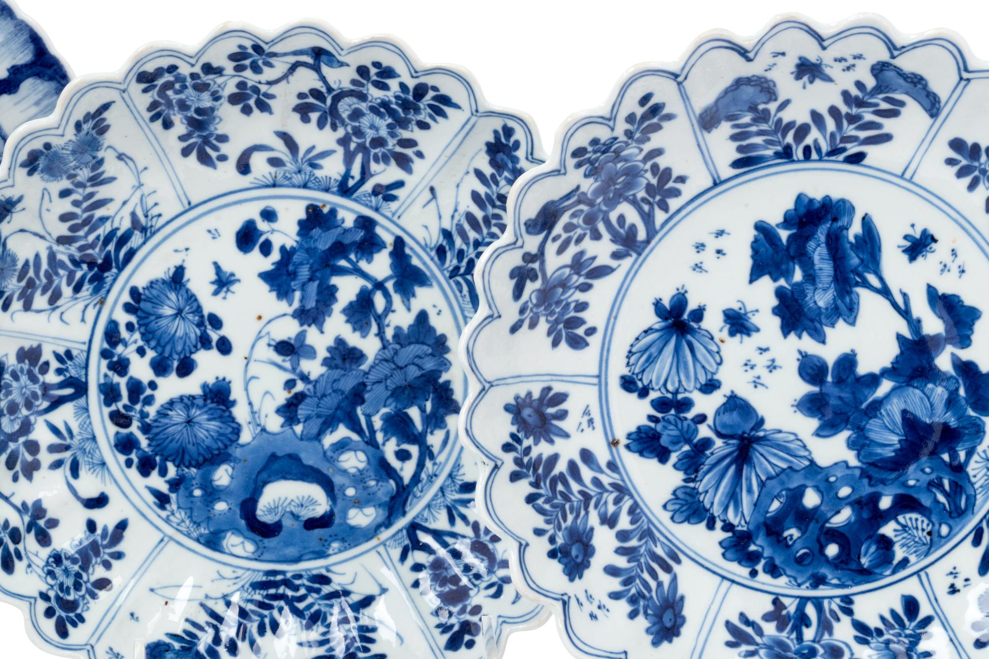A Pair of Chinese Export Porcelain Blue and White Dishes and a Pair of Blue and White Porcelain Saucers