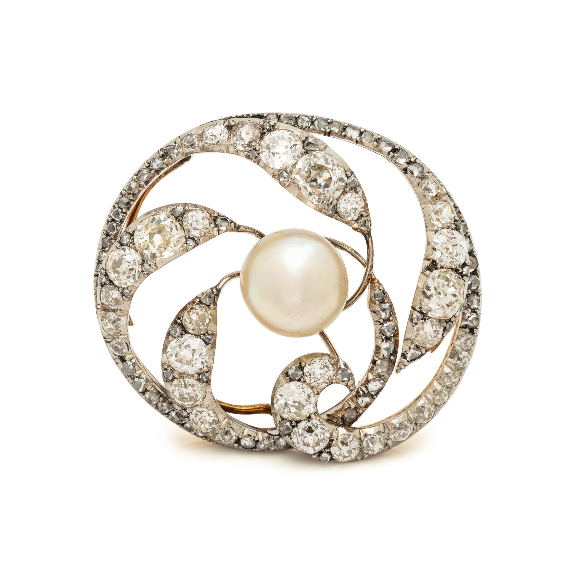 KOCH, BELLE ÉPOQUE, CULTURED PEARL AND DIAMOND BROOCH