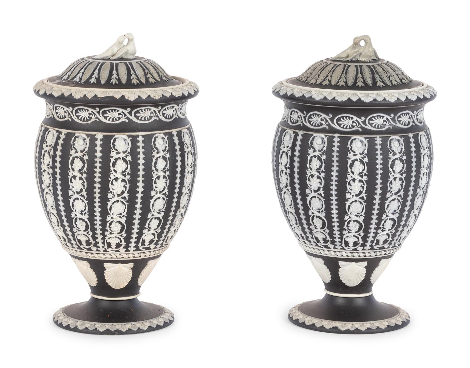 A Pair of Wedgwood Jasperware Covered Urns