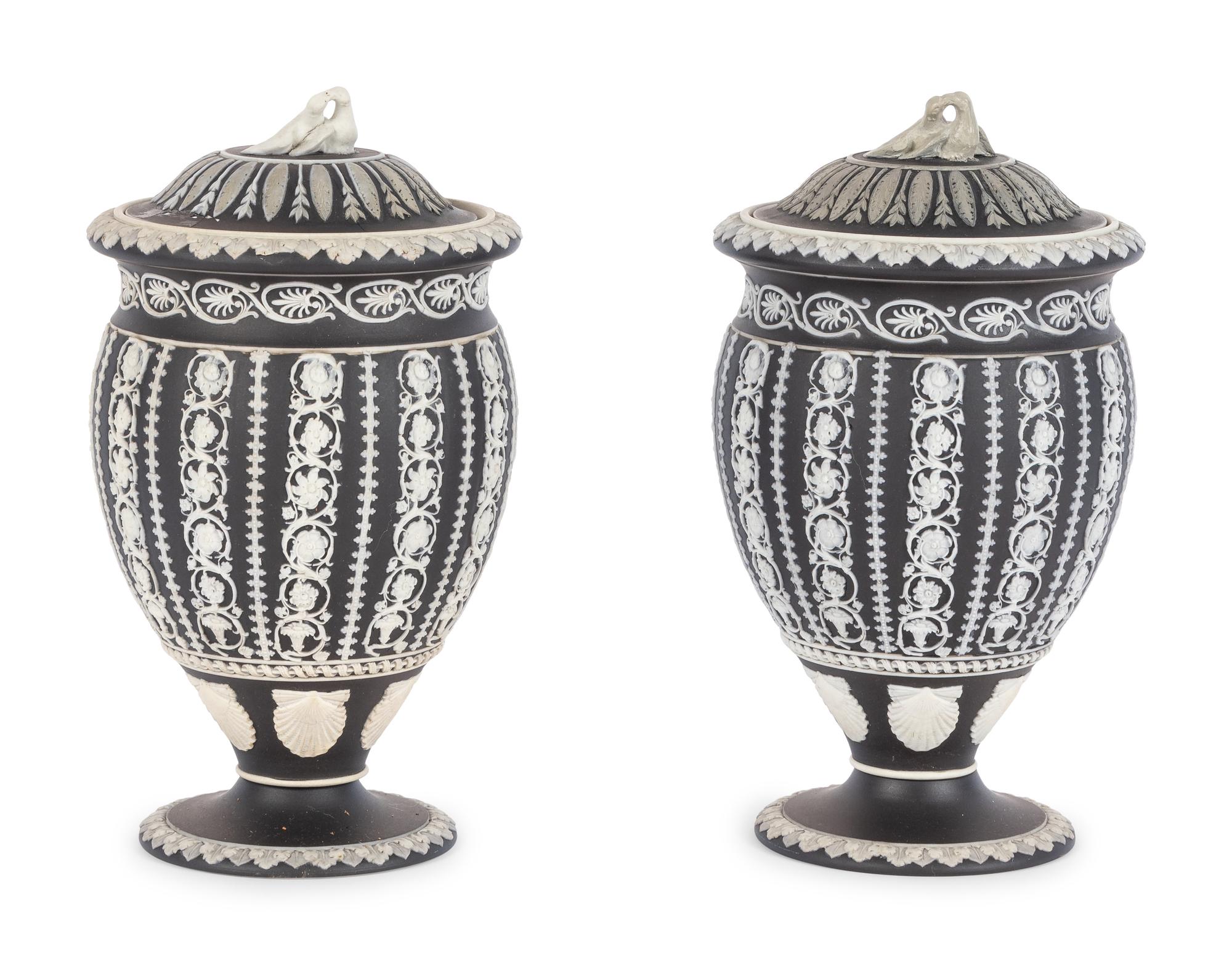 A Pair of Wedgwood Jasperware Covered Urns