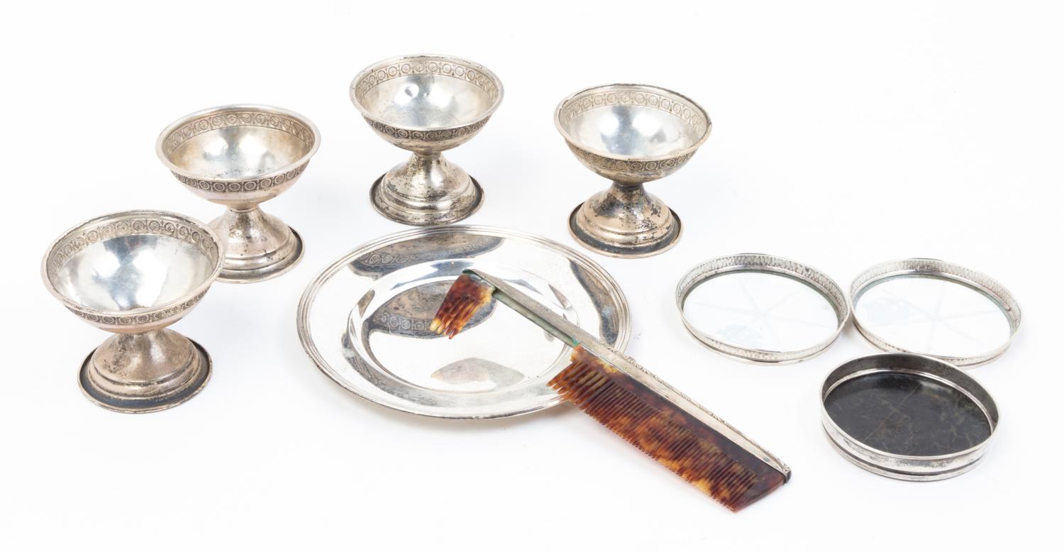 A Group of Nine Silver Articles, , comprising four dessert cups, three coasters, a small dish and a silver and tortoise shell comb.