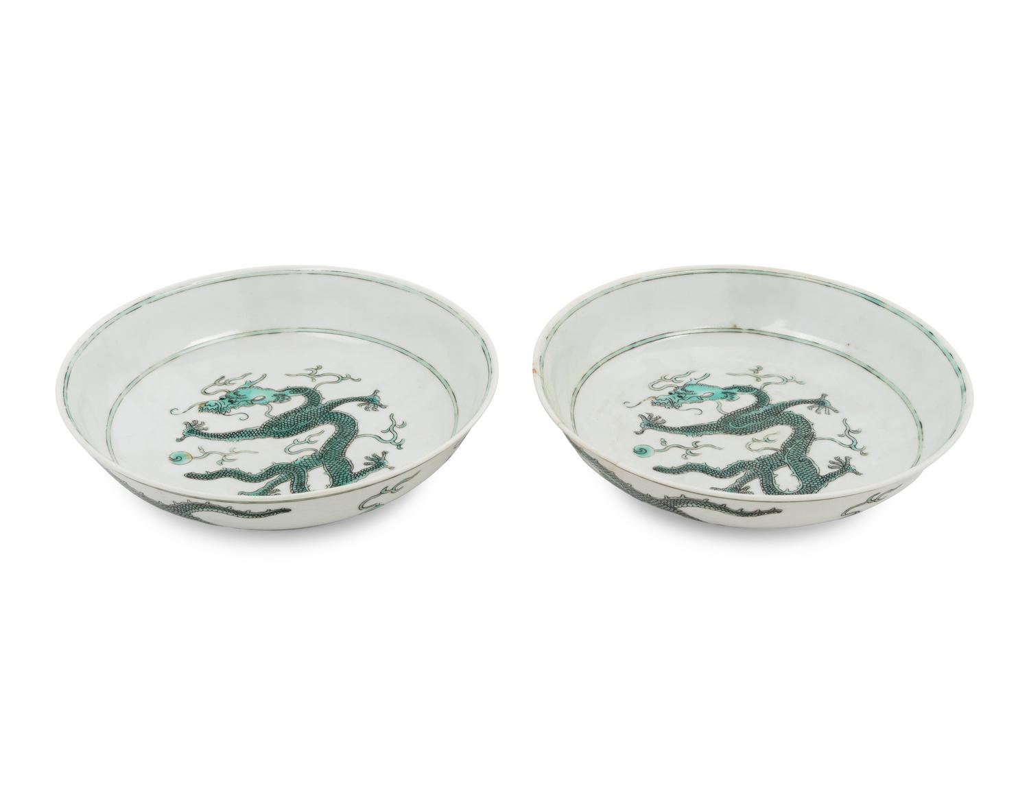 A Pair of Chinese Green Enameled Porcelain 'Dragon' Plates