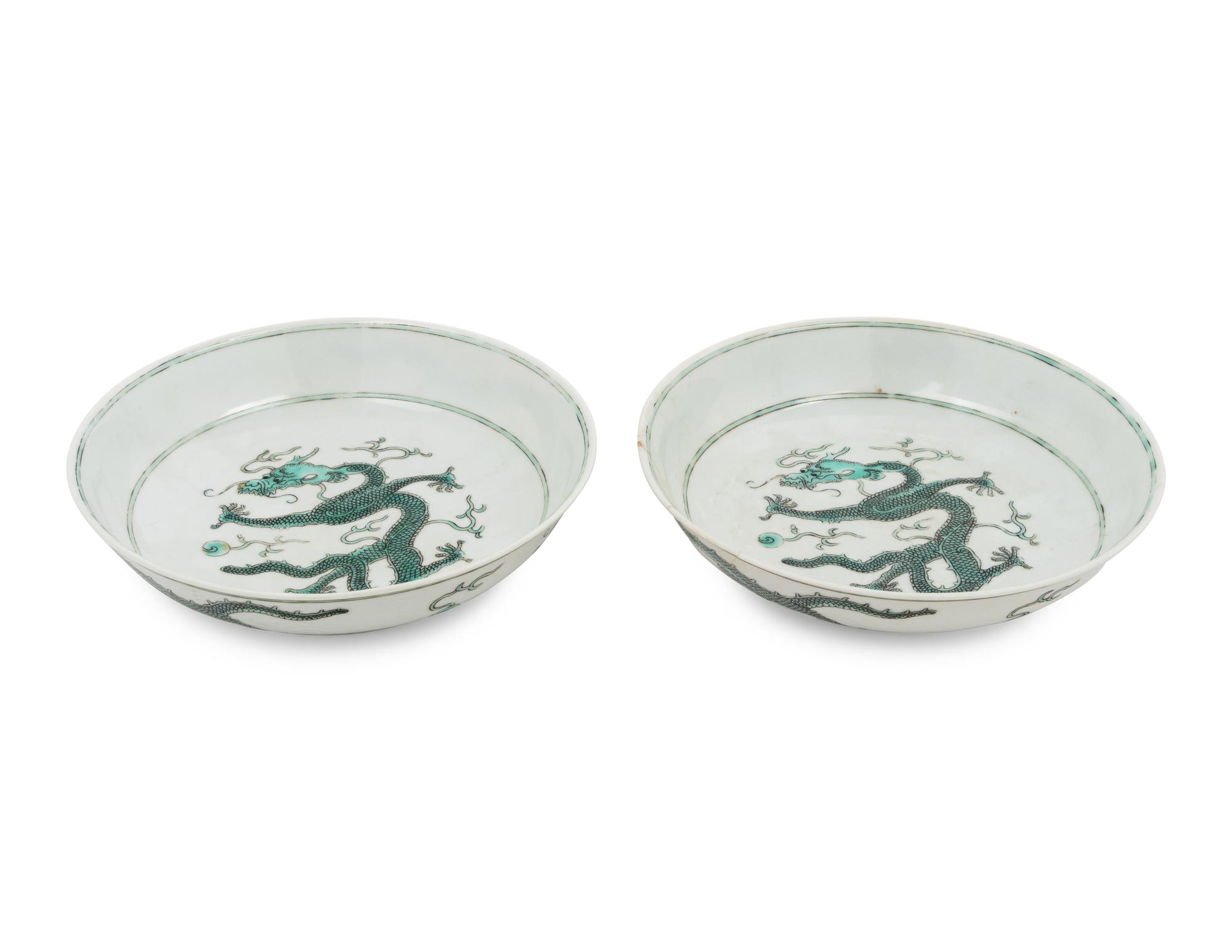 A Pair of Chinese Green Enameled Porcelain 'Dragon' Plates