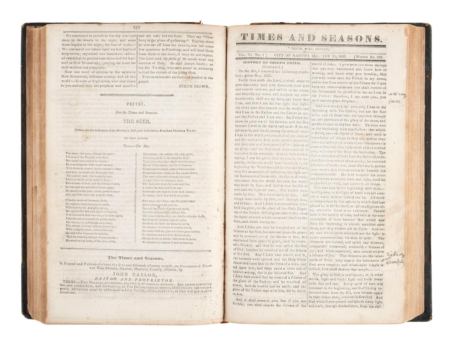 [MORMONISM]. The Times and Seasons, Containing a Compendium of Intelligence Pertaining to the Upbuilding of the Kingdom of God..... Vol. V & VI. Nauvoo, IL: John Taylor, 1844-1846.