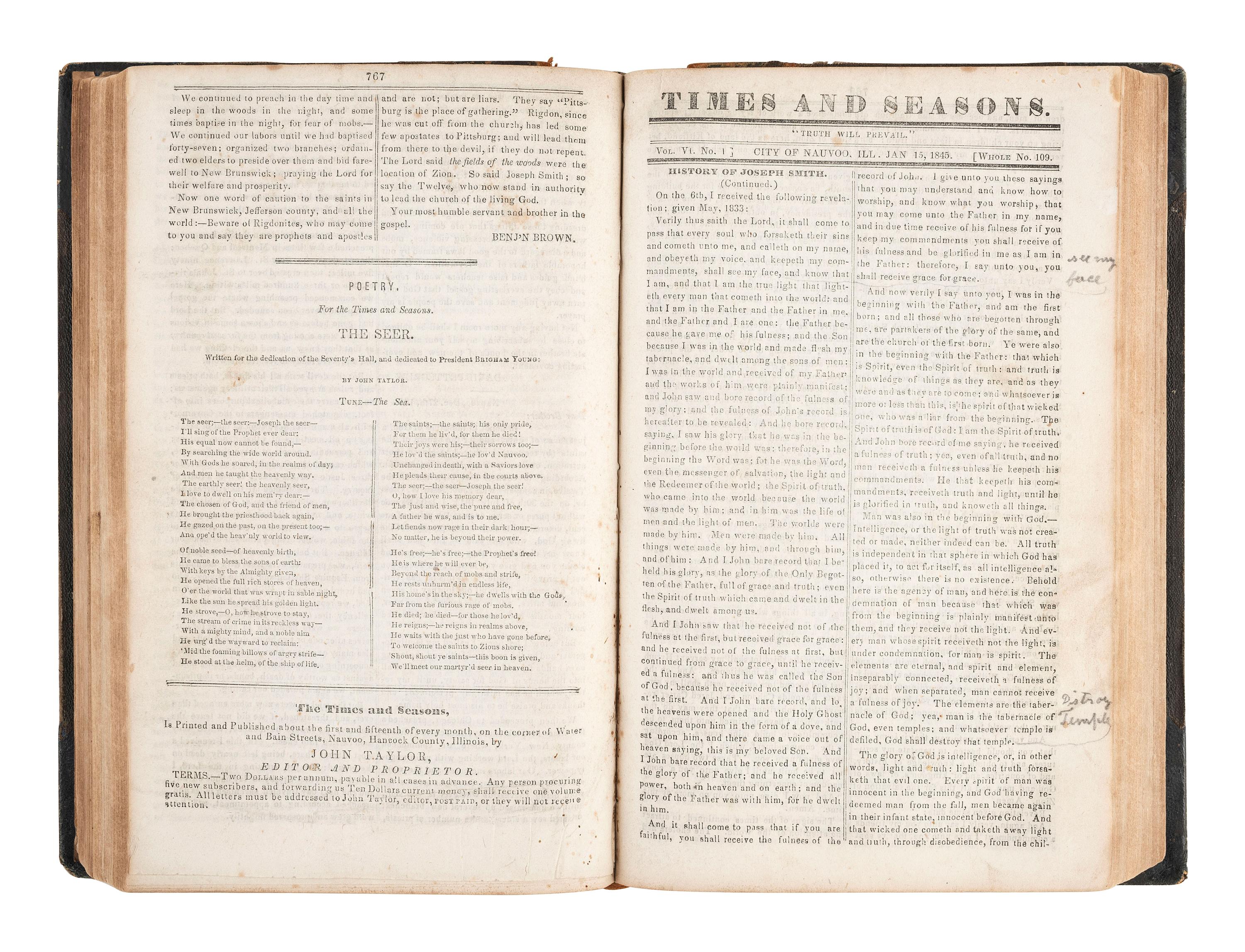 [MORMONISM]. The Times and Seasons, Containing a Compendium of Intelligence Pertaining to the Upbuilding of the Kingdom of God..... Vol. V & VI. Nauvoo, IL: John Taylor, 1844-1846.