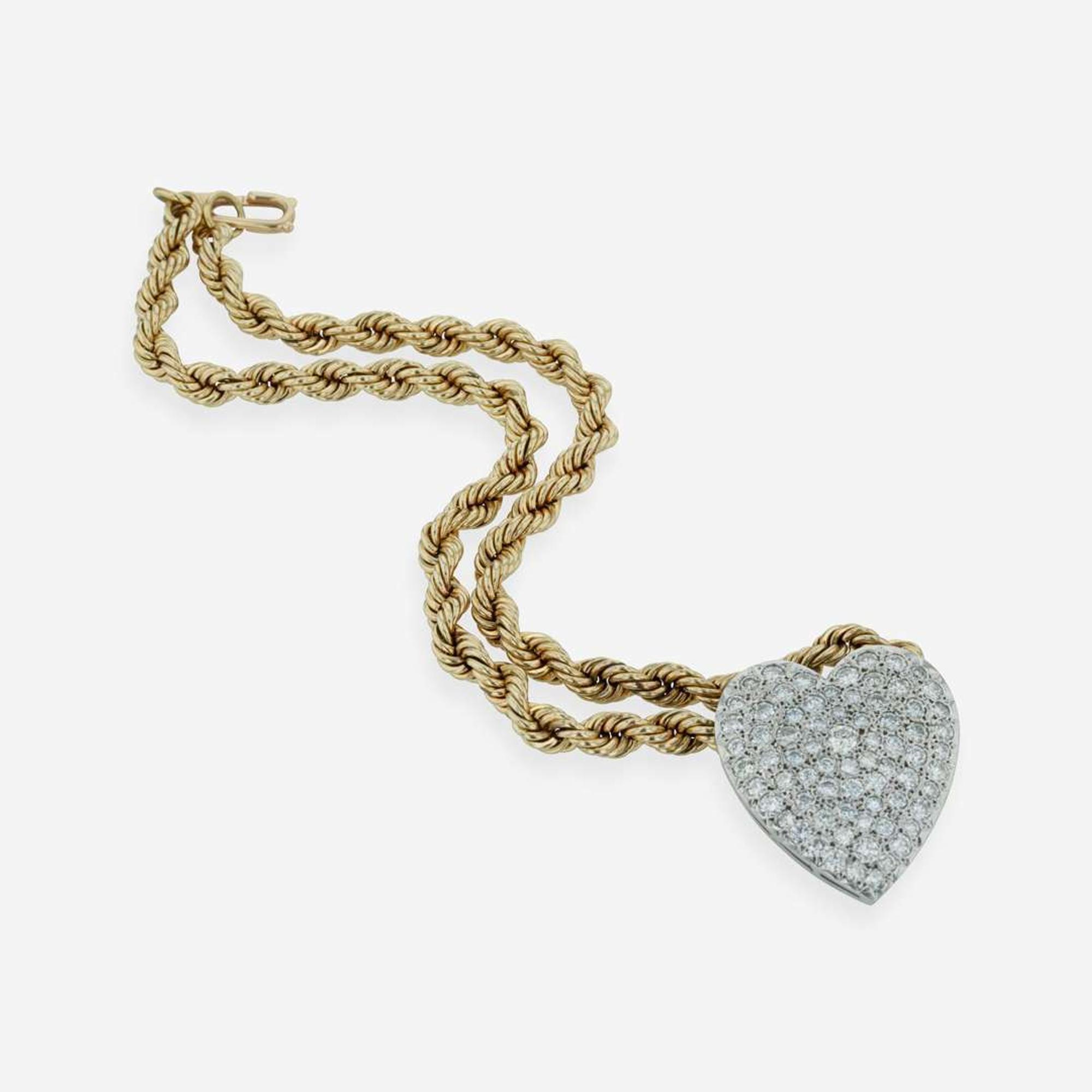 Diamond and 14K White Gold Pendant on Yellow Gold Rope Chain