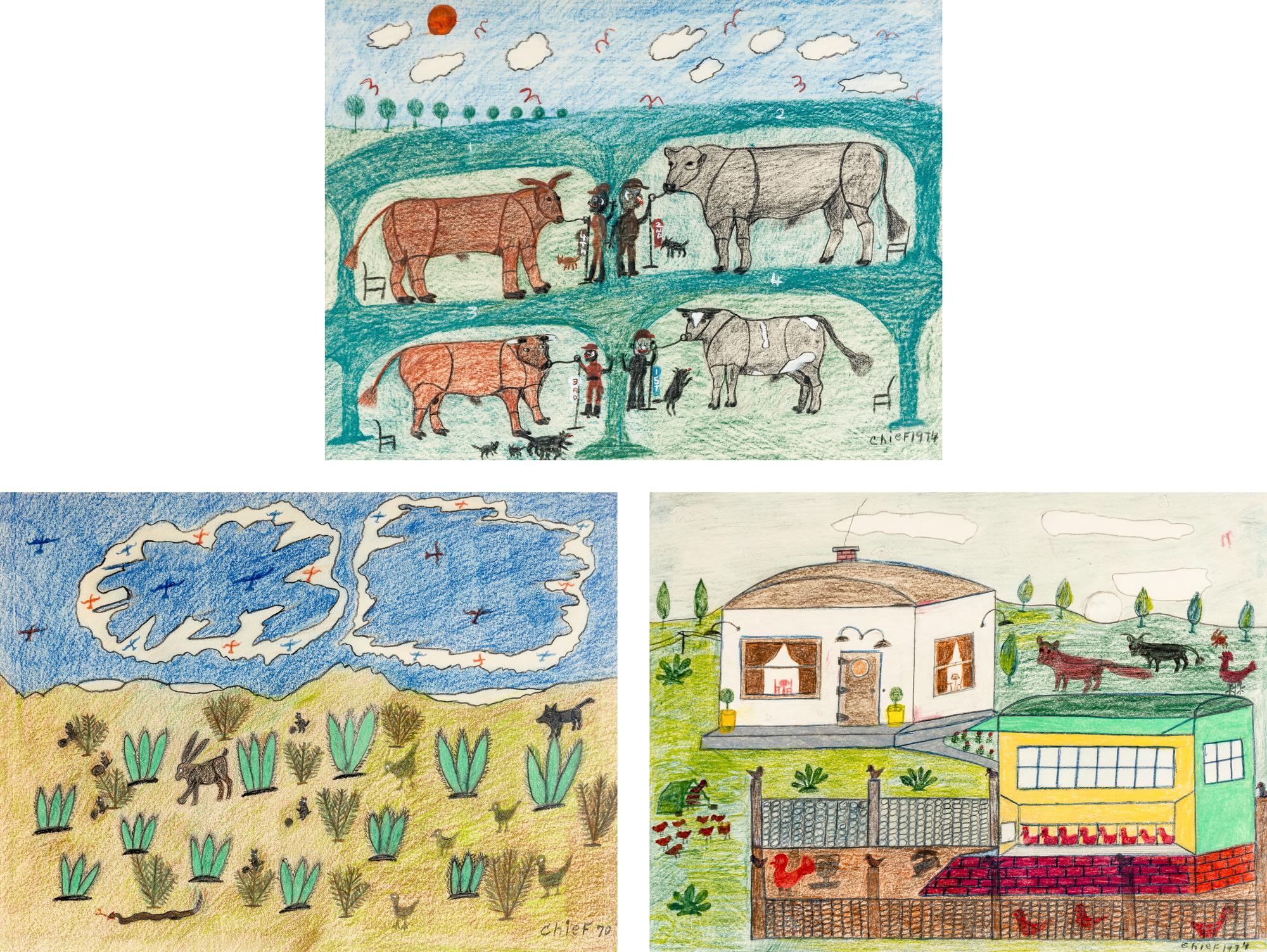 Untitled (Chicken Coop), 1970, Untitled (Tending Cattle), 1974 and Untitled (Wild Hare) , 1974 (three works)