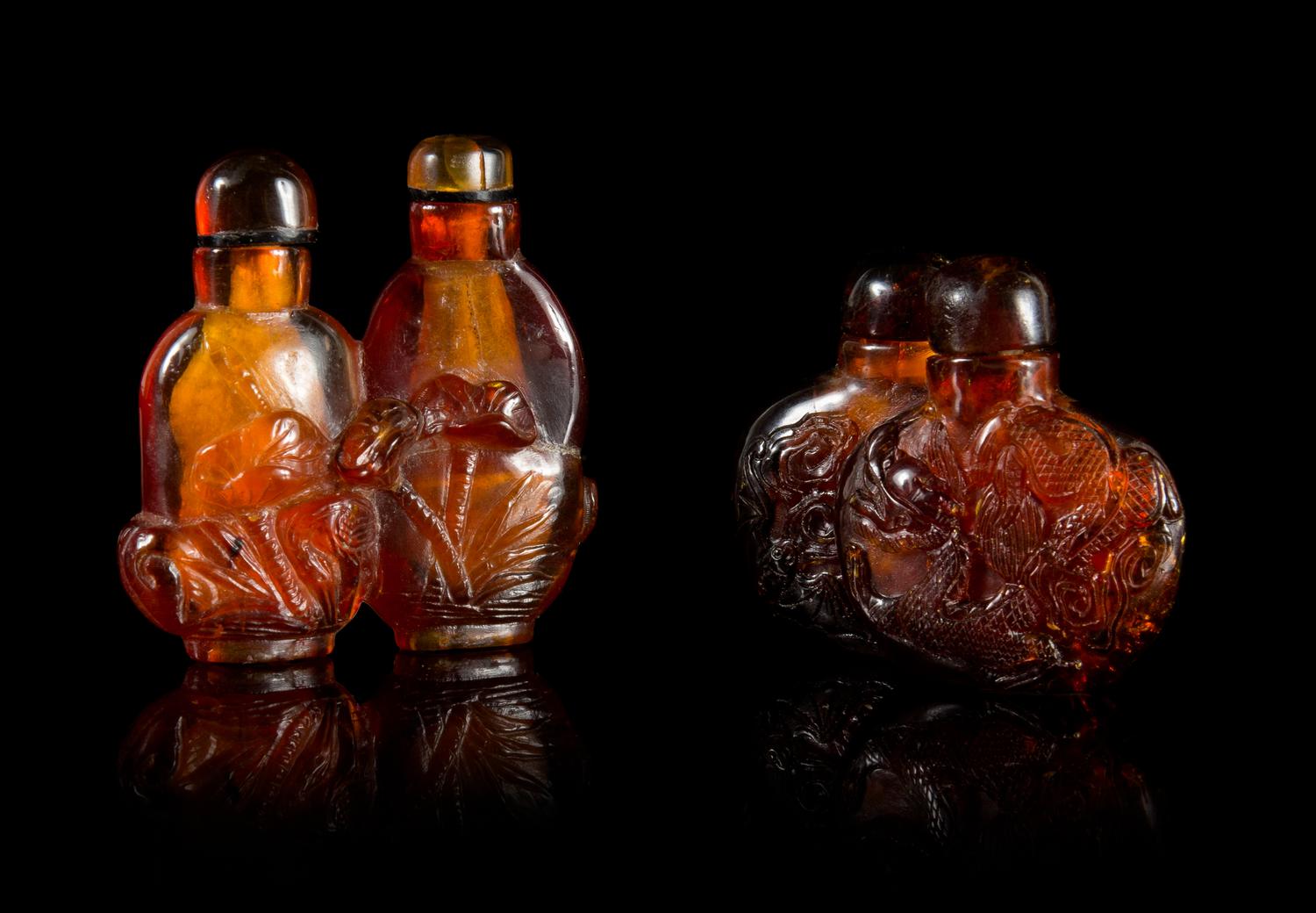 Two Amber Double Snuff Bottles Height of taller 2 inches.