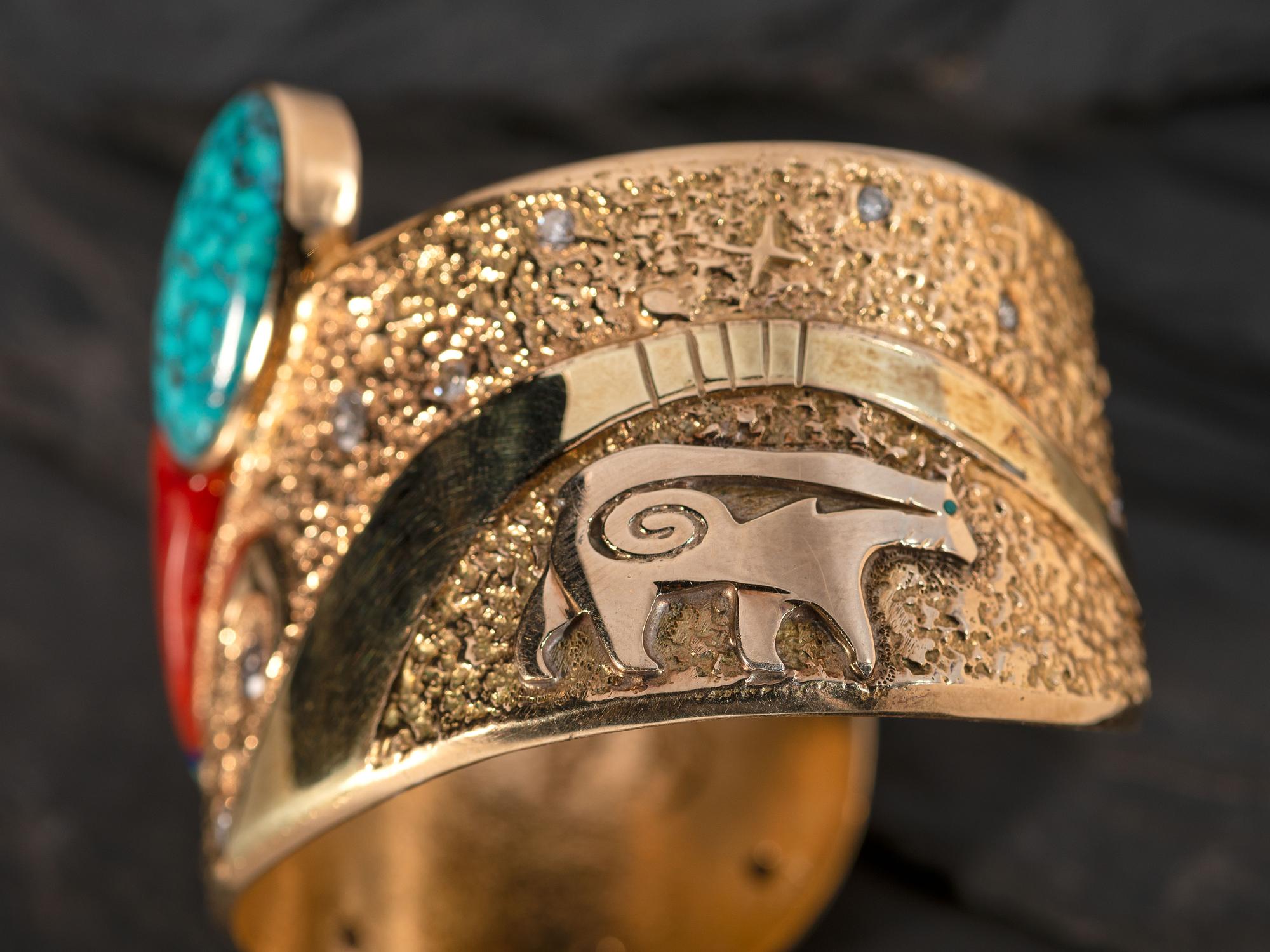 Tufa Cast 14K Gold Cuff Bracelet, with Mosaic Inlay Design Accented by Diamonds