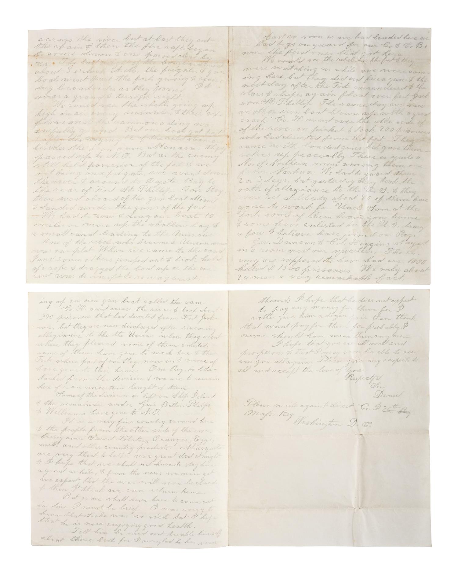 [CIVIL WAR]. A group of 2 letters written by "Daniel," Co. I, 26th Massachusetts Infantry Regiment, describing the April 1862 Battle of Forts Jackson and St. Philip.