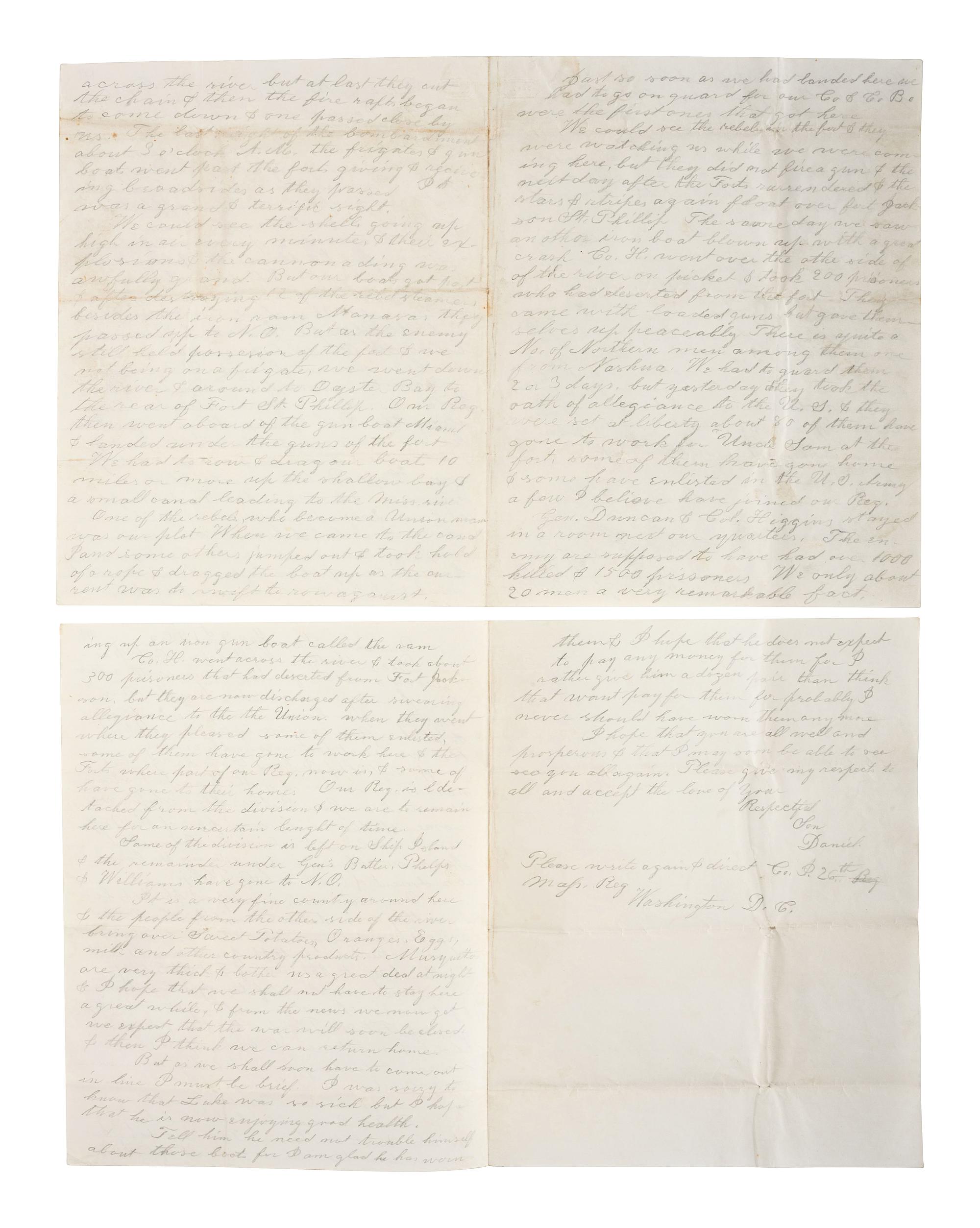 [CIVIL WAR]. A group of 2 letters written by "Daniel," Co. I, 26th Massachusetts Infantry Regiment, describing the April 1862 Battle of Forts Jackson and St. Philip.