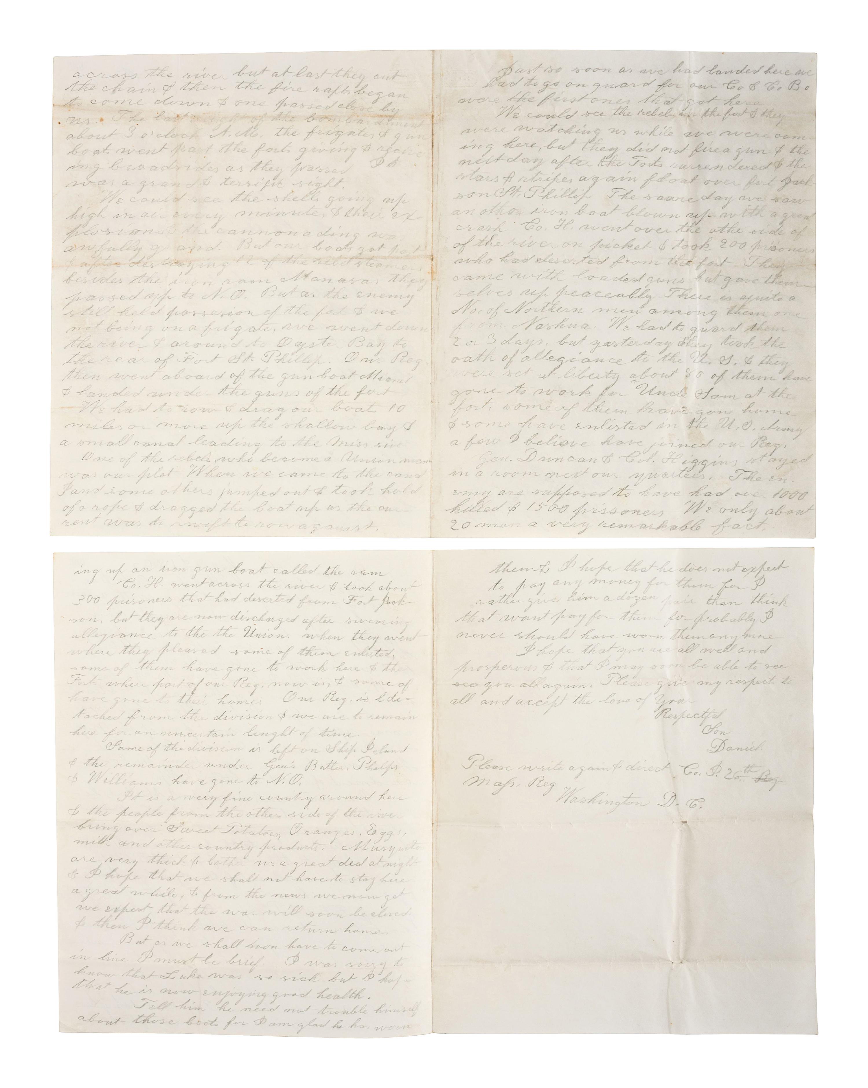 [CIVIL WAR]. A group of 2 letters written by "Daniel," Co. I, 26th Massachusetts Infantry Regiment, describing the April 1862 Battle of Forts Jackson and St. Philip.