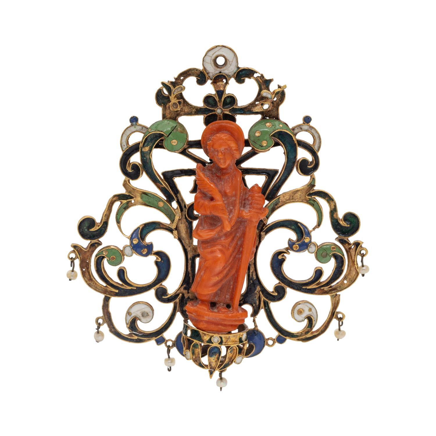 RENAISSANCE, CORAL, SEED PEARL AND POLYCHROME ENAMEL PENDANT