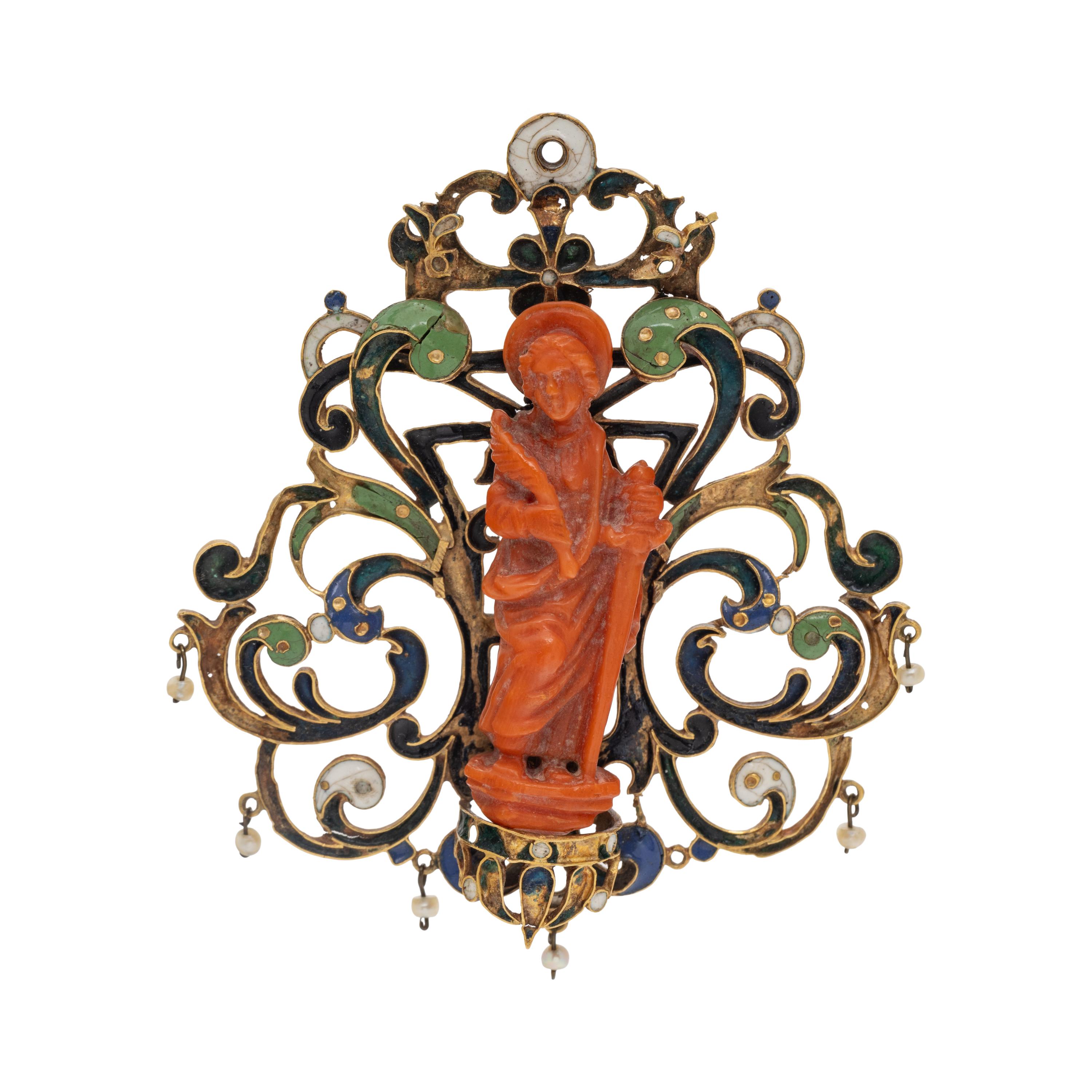 RENAISSANCE, CORAL, SEED PEARL AND POLYCHROME ENAMEL PENDANT
