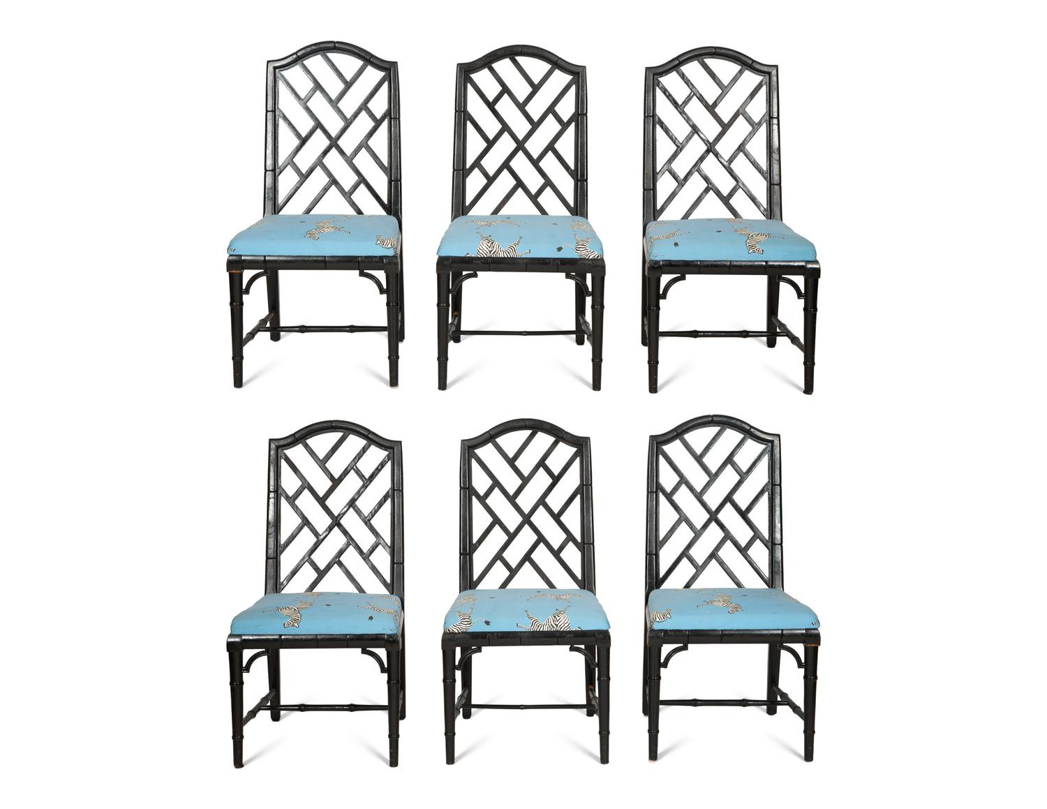 A Set of Six Chinese Chippendale Style Black-Painted Dining Chairs