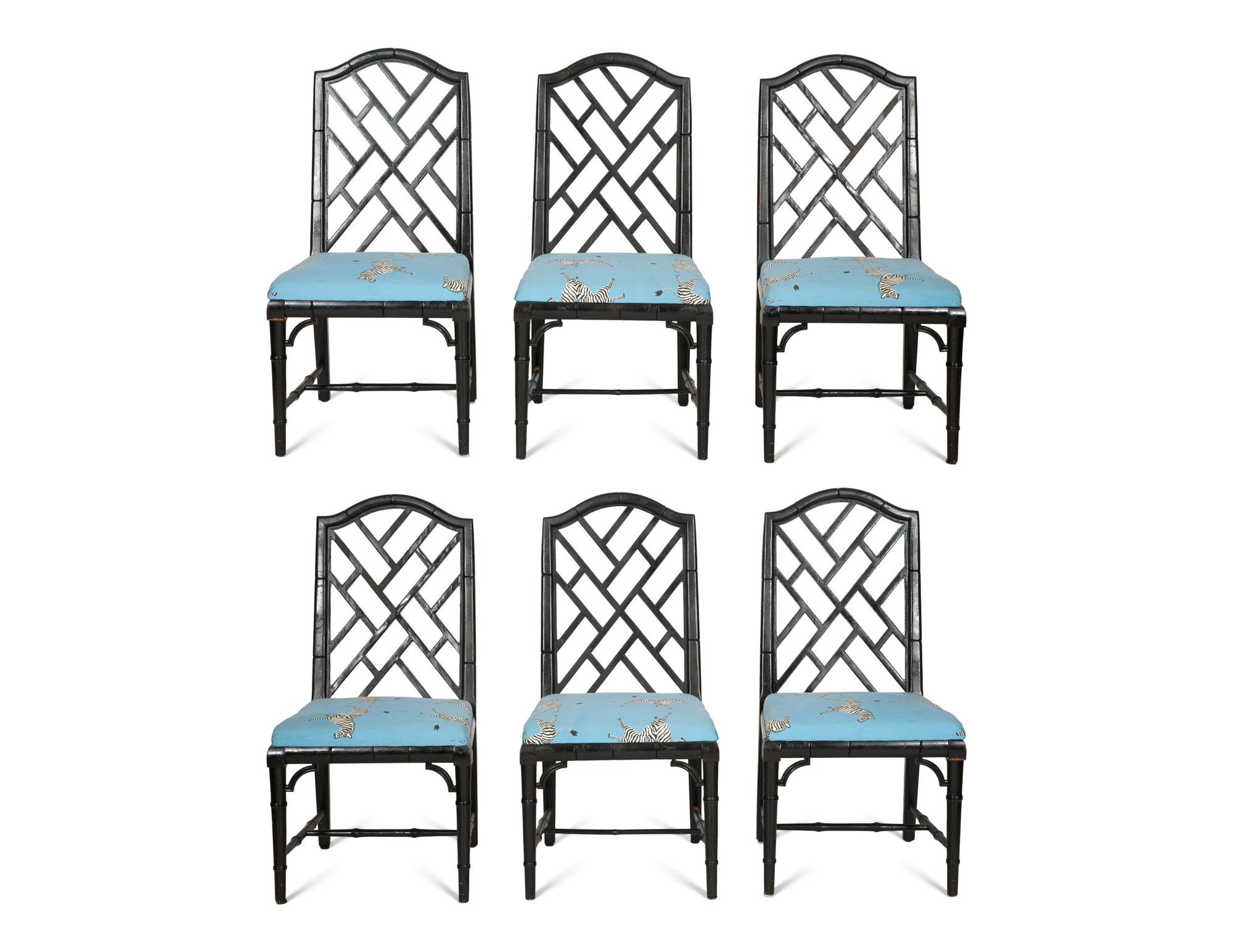 A Set of Six Chinese Chippendale Style Black-Painted Dining Chairs