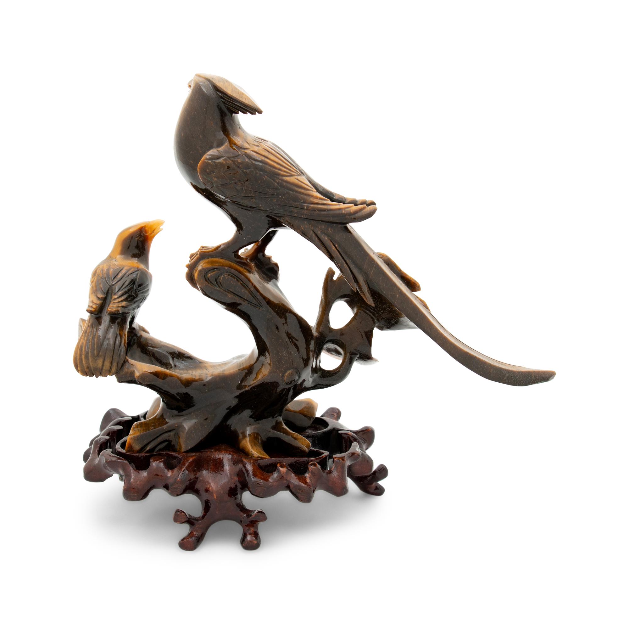 A Chinese Tiger's Eye Stone Figural Group of Two Birds