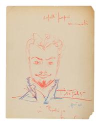 GOBBI, Tito (1913-1984). Original drawing, self portrait caricature, in red and blue crayon, on paper, signed lower right (“Titto Gobbi”) with a few annotations, 1960.