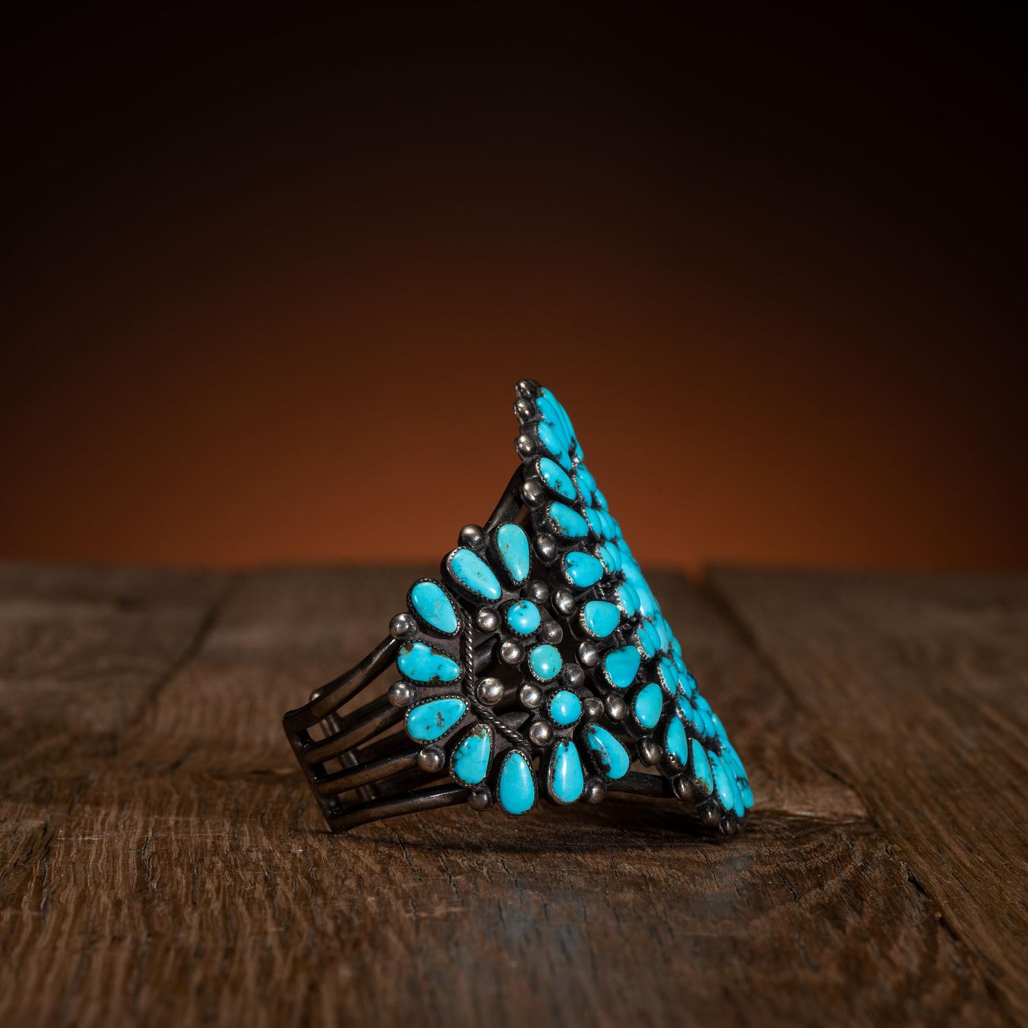Large Zuni Silver and Turquoise Cluster Cuff Bracelet