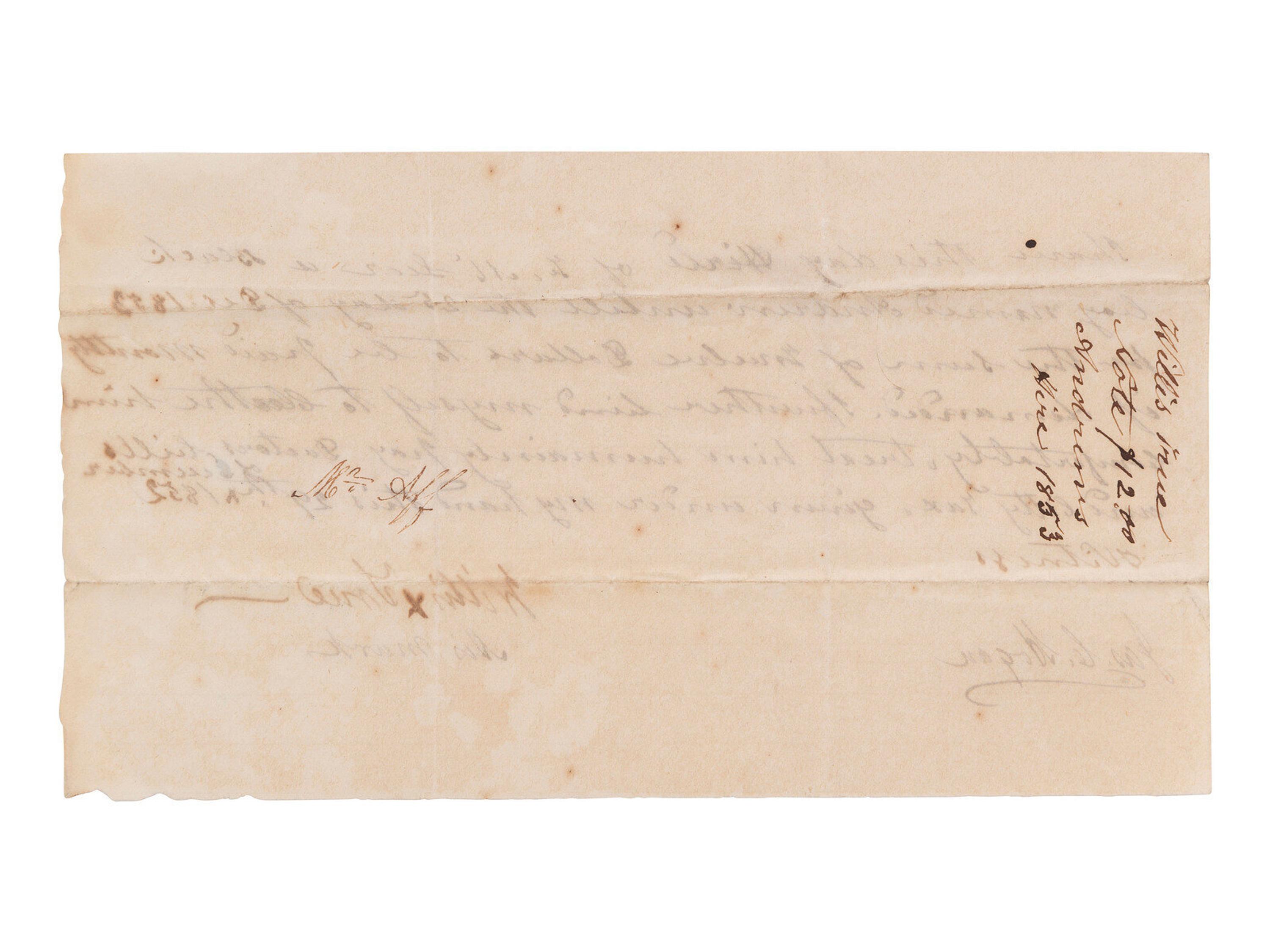 [ENSLAVEMENT] 1852 manuscript document detailing the hiring of a young enslaved person named Andrew