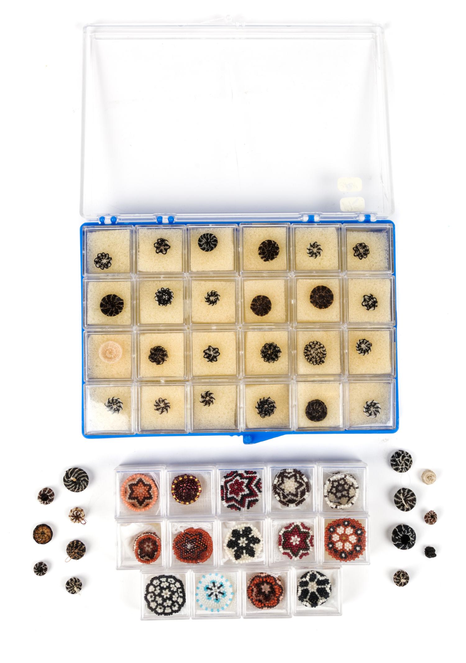 A Collection of Native American Woven and Beaded Vessels Diameter of largest 7/8 inches.