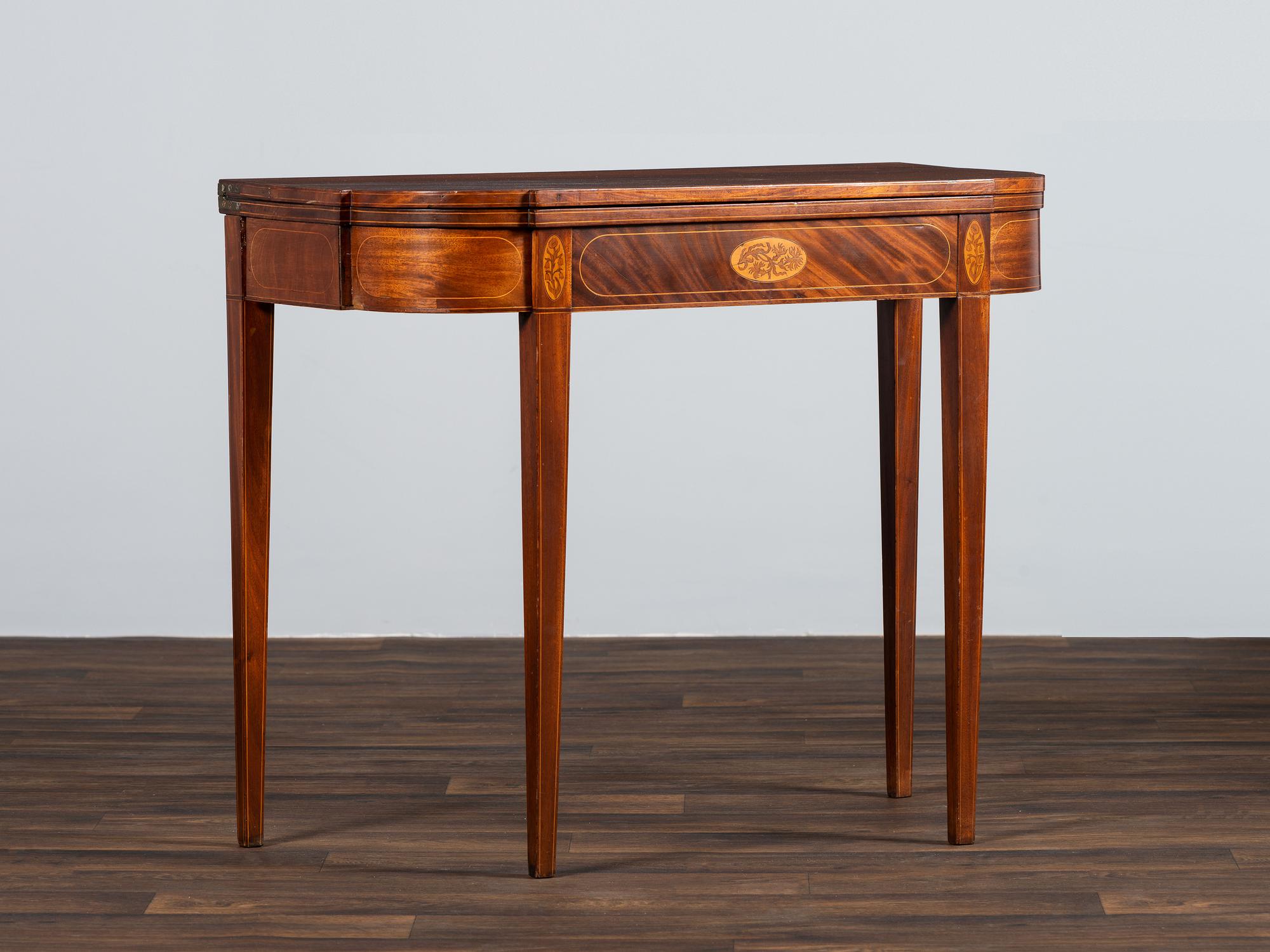 A Federal Figured and Floral Inlaid Mahogany Game Table