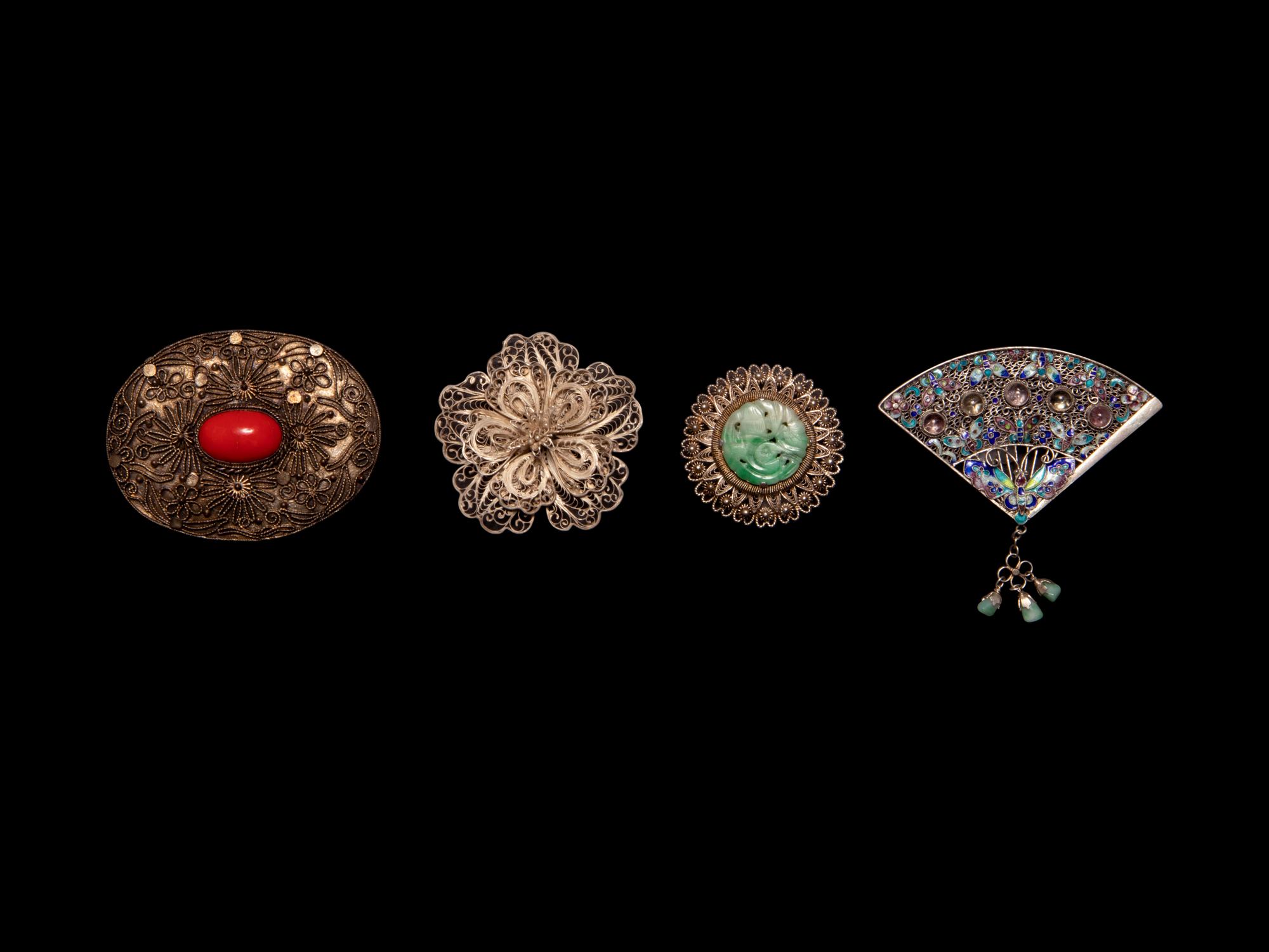Four Chinese Silver and Silvered Metal Brooches