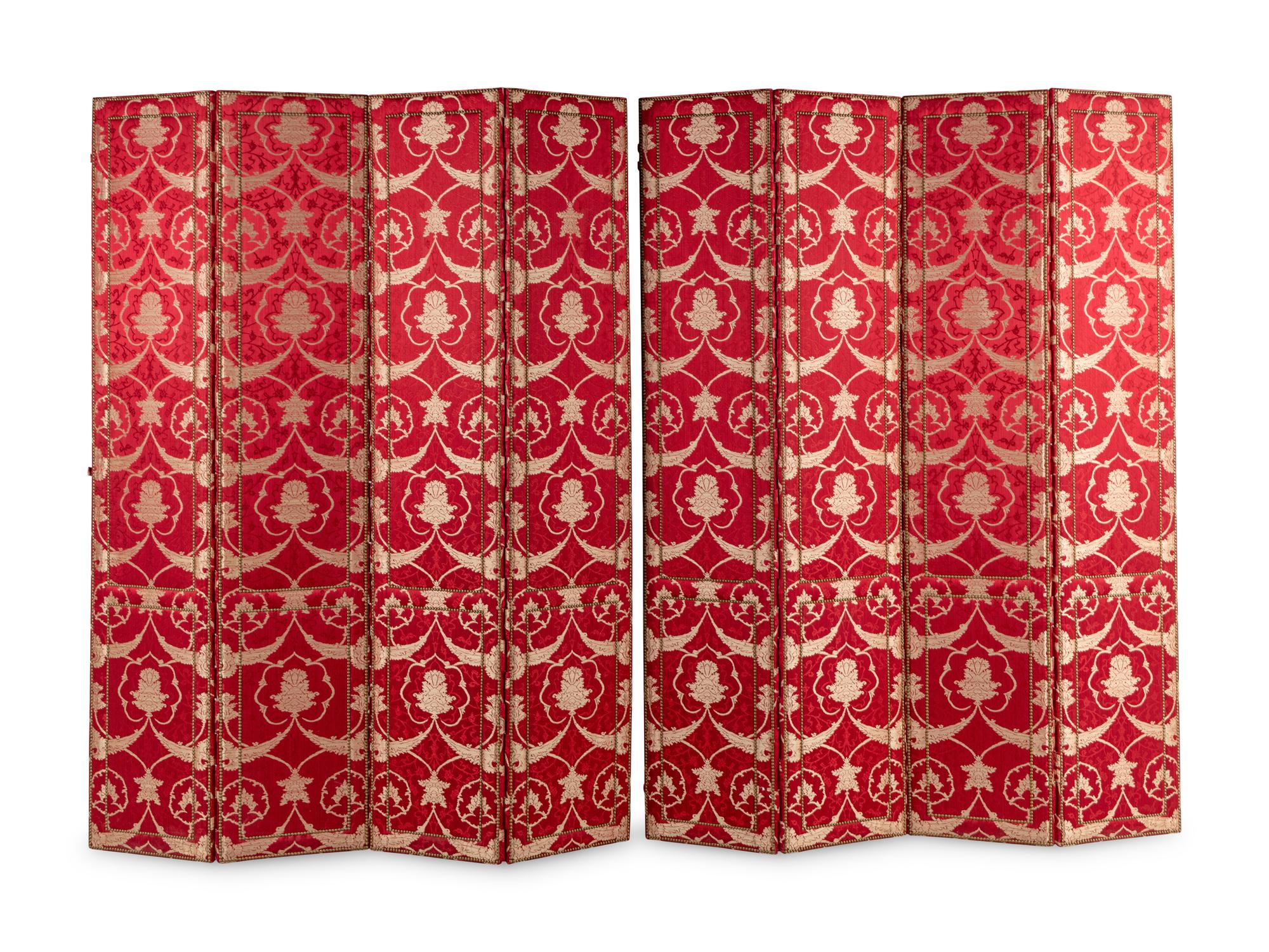 A Pair of Custom Damask-Upholstered Four-Panel Screens