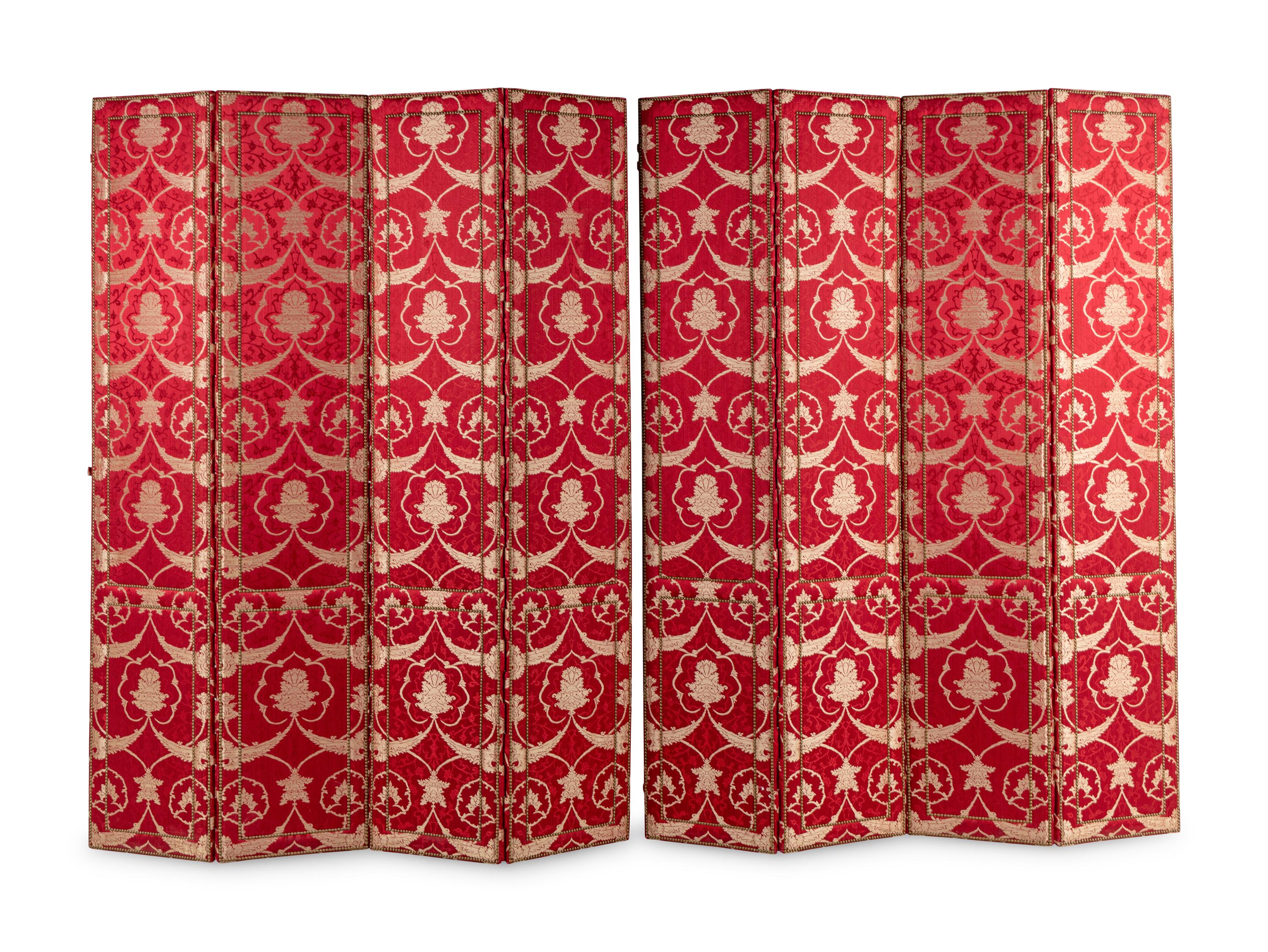 A Pair of Custom Damask-Upholstered Four-Panel Screens