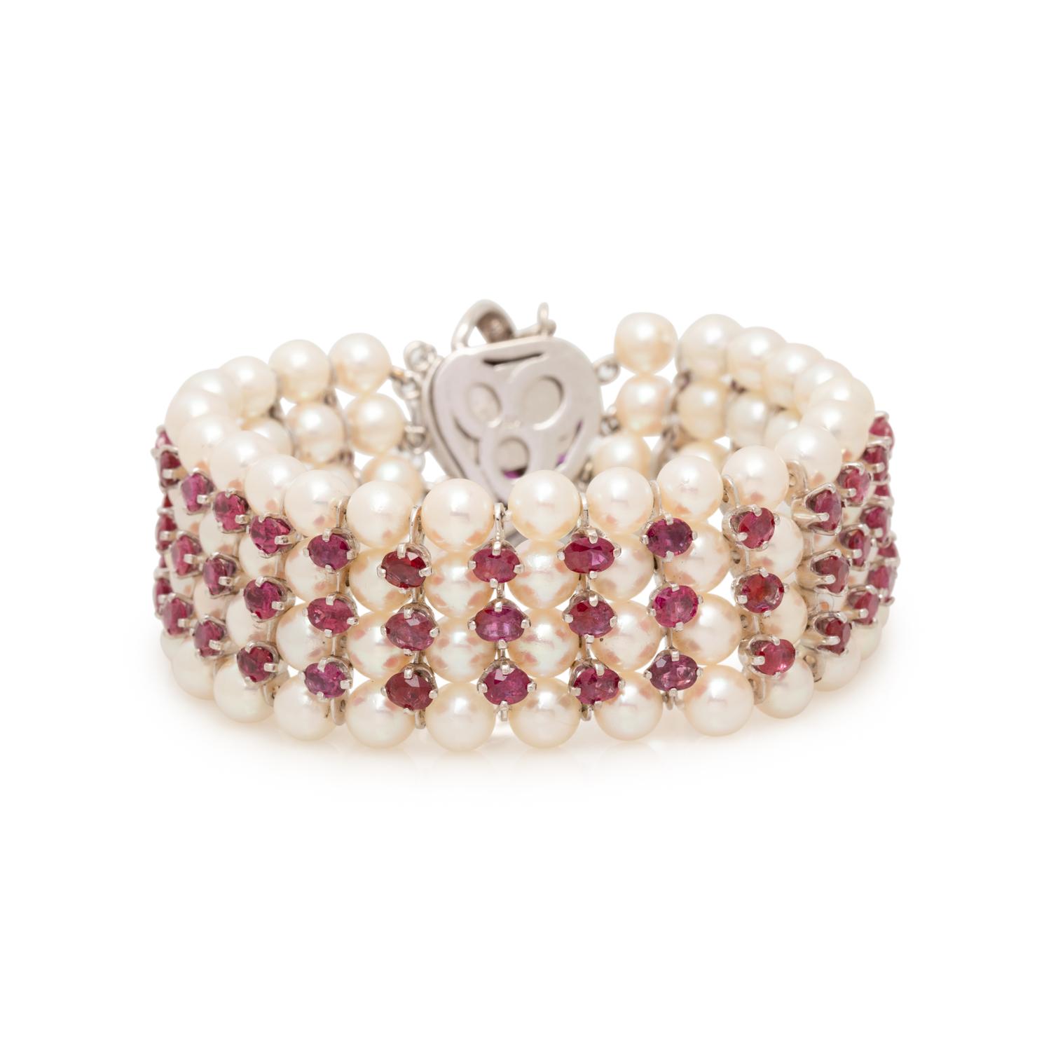 CULTURED PEARL, RUBY AND DIAMOND BRACELET