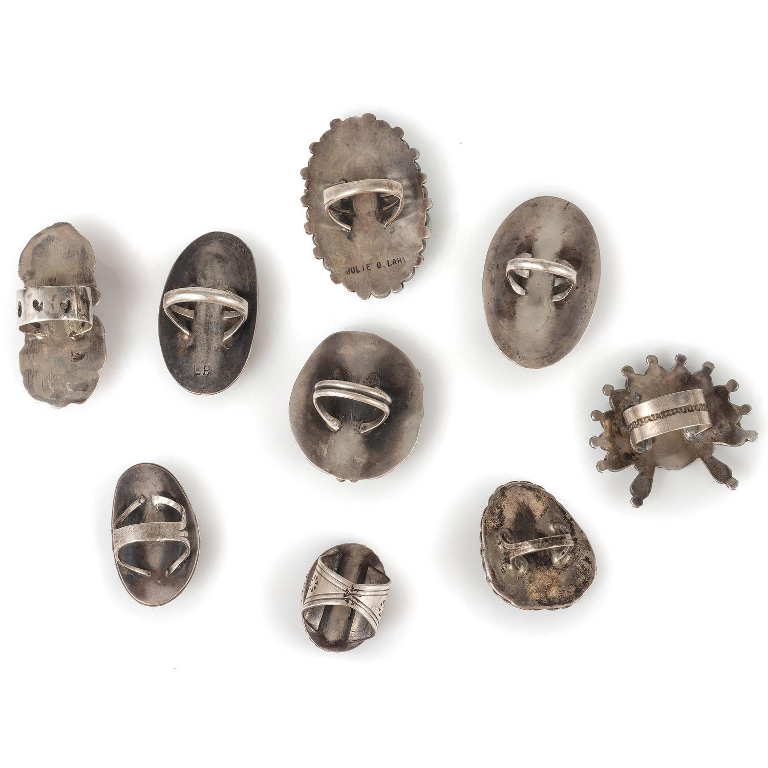 Group of Navajo and Zuni Silver Rings, with Inlay