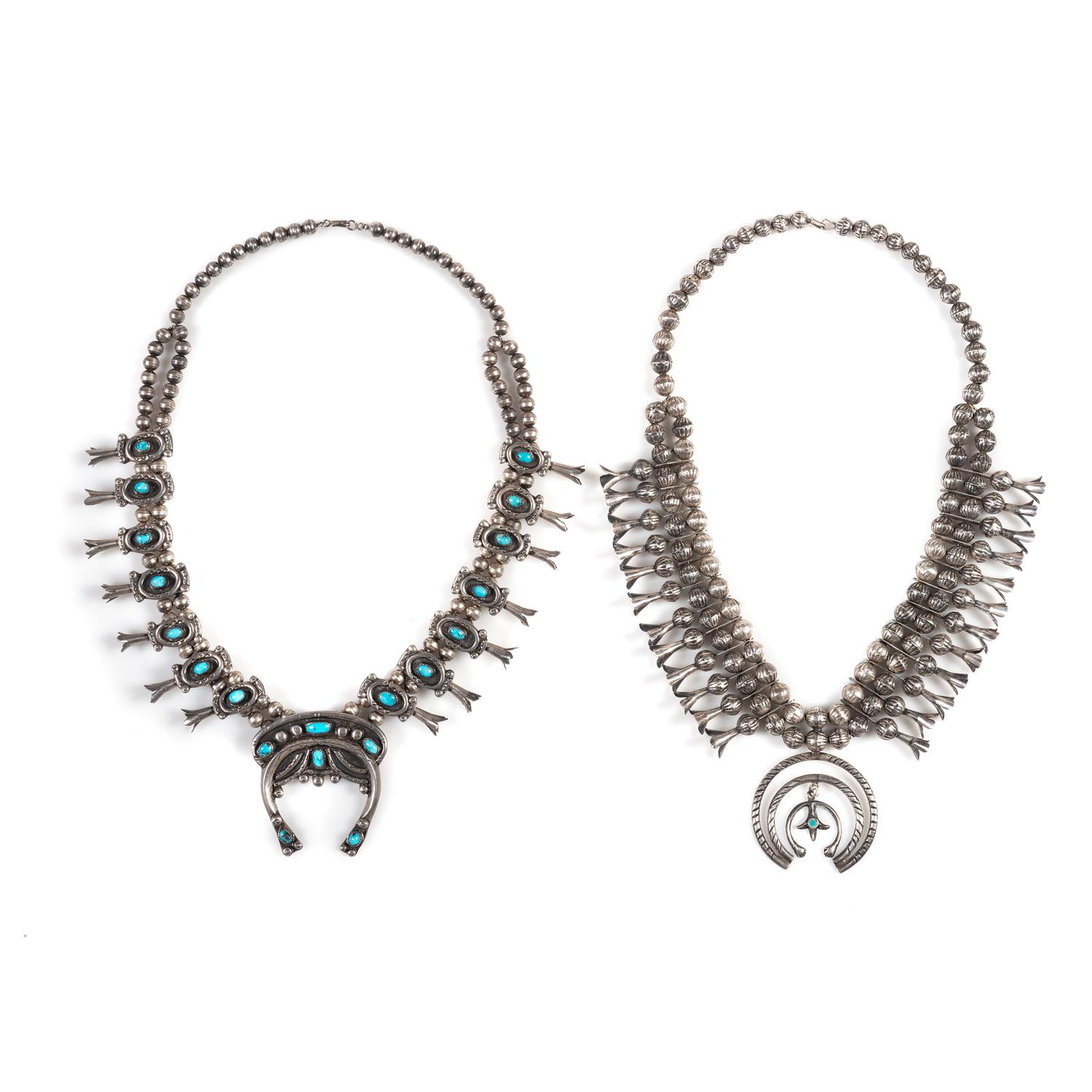 Pair of Southwestern-Style Silver and Turquoise Squash Blossom Necklaces