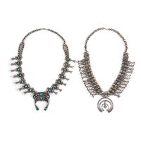 Pair of Southwestern-Style Silver and Turquoise Squash Blossom Necklaces