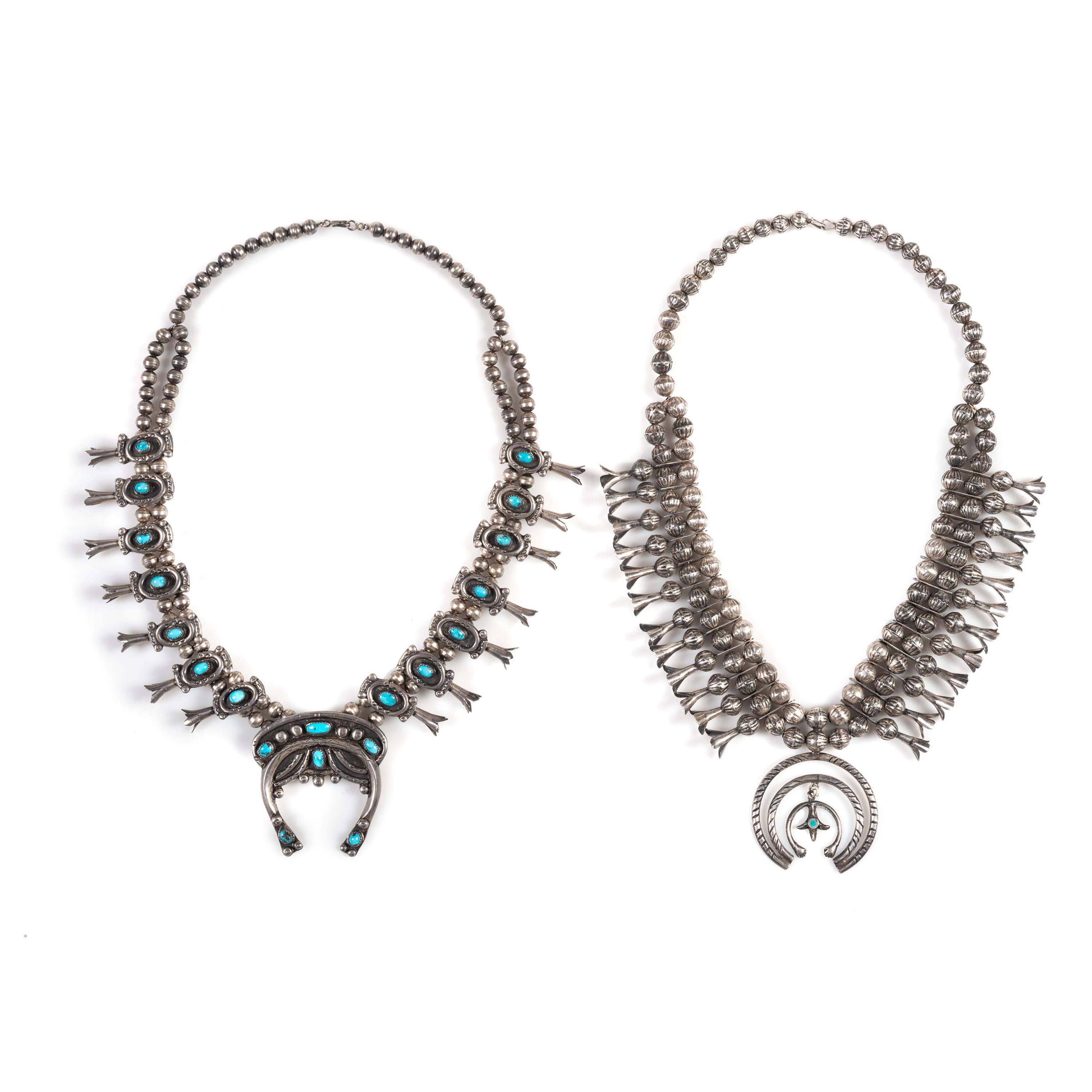 Pair of Southwestern-Style Silver and Turquoise Squash Blossom Necklaces