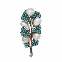 Buccellati, Baroque Cultured Pearl and Turquoise Foliate Brooch