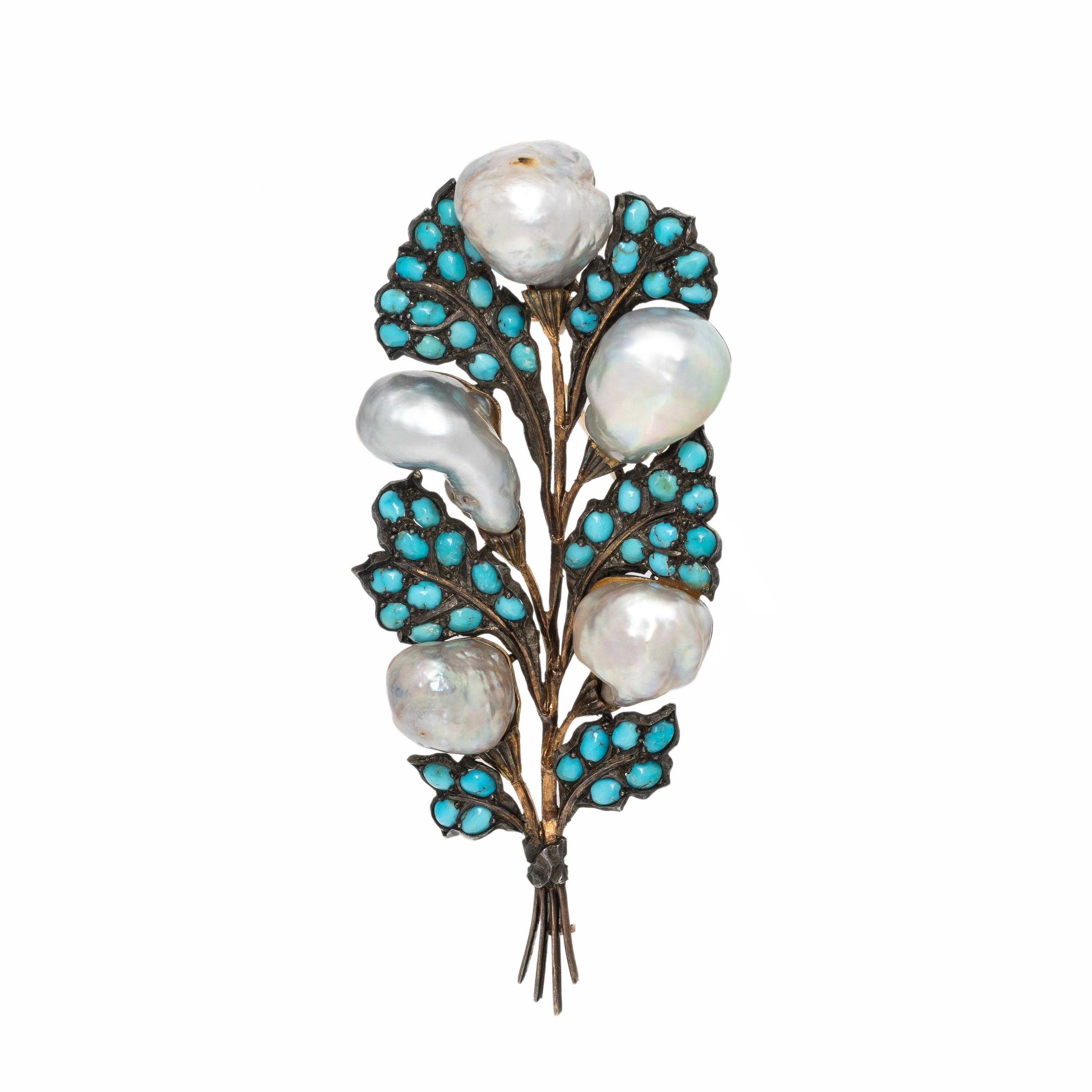 Buccellati, Baroque Cultured Pearl and Turquoise Foliate Brooch