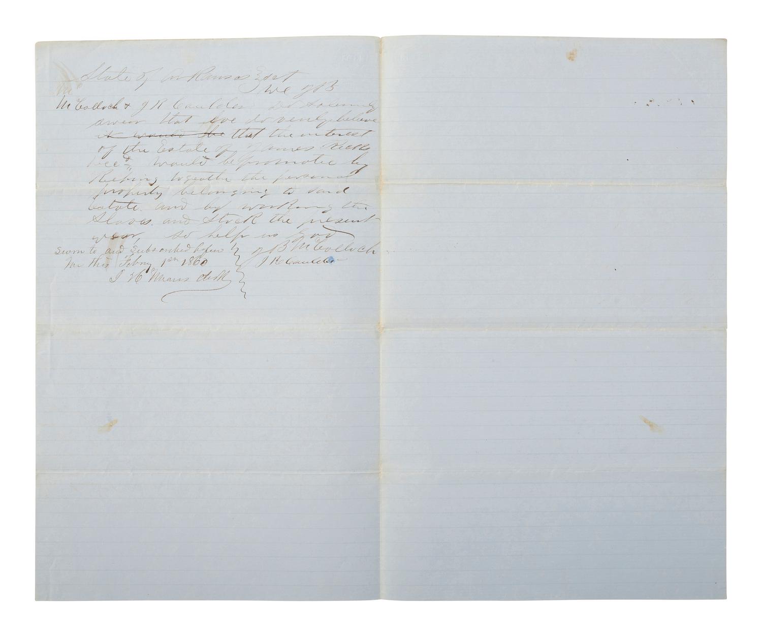[ENSLAVEMENT & ABOLITION]. Manuscript petition concerning the estate of James Ricks, which includes property and enslaved persons. Calhoun County, AR, February 1860.