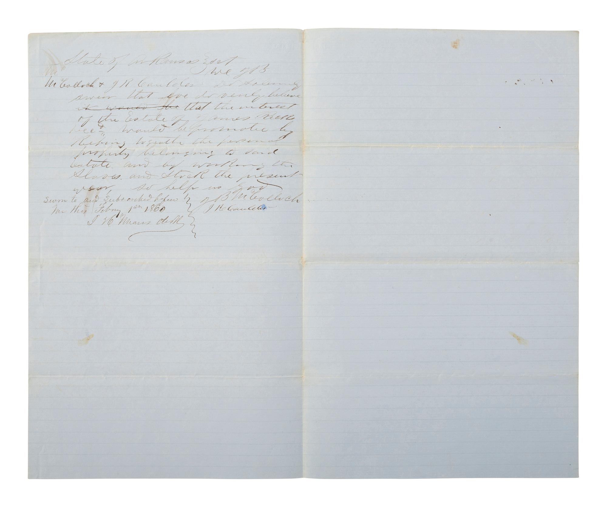 [ENSLAVEMENT & ABOLITION]. Manuscript petition concerning the estate of James Ricks, which includes property and enslaved persons. Calhoun County, AR, February 1860.