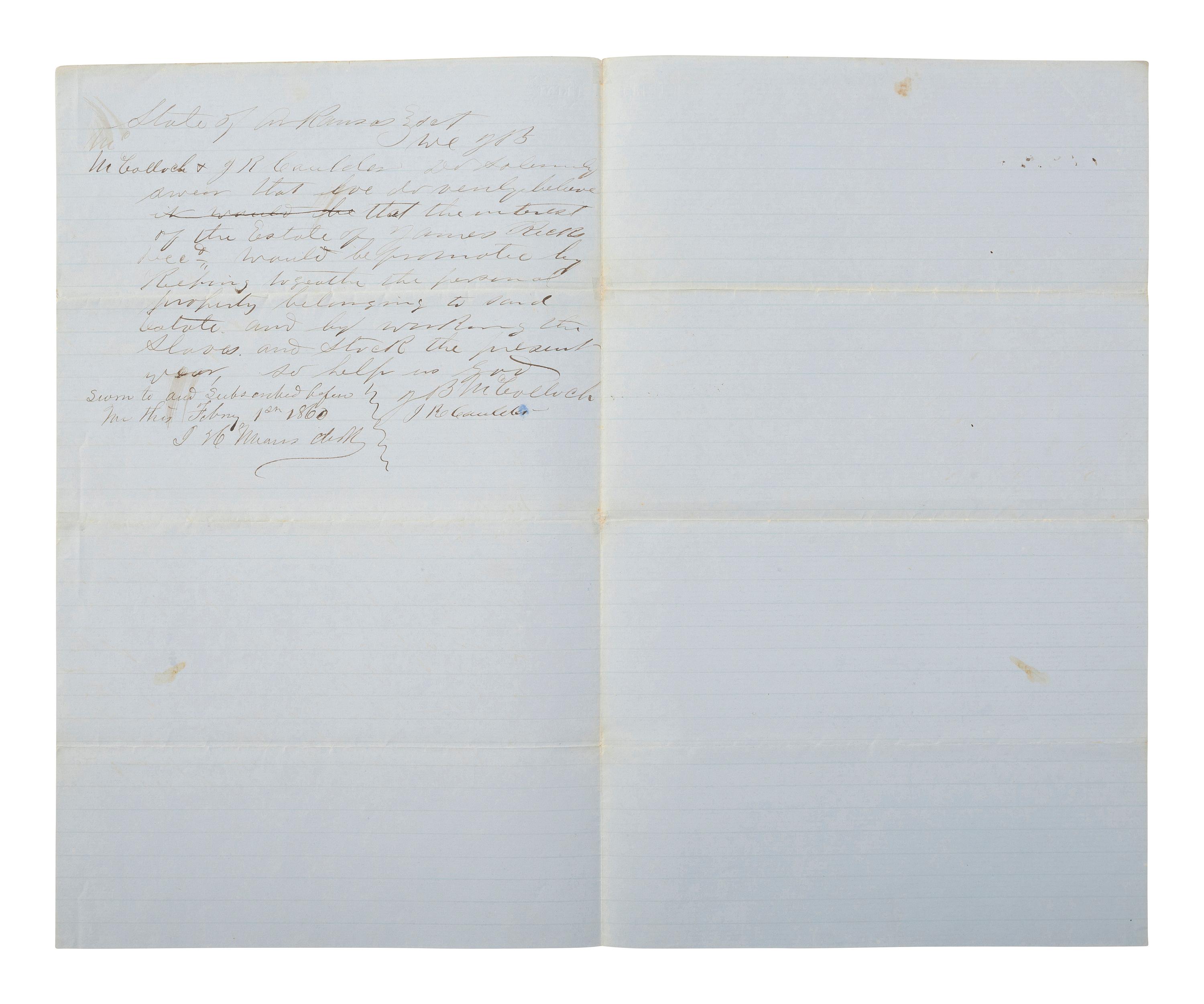 [ENSLAVEMENT & ABOLITION]. Manuscript petition concerning the estate of James Ricks, which includes property and enslaved persons. Calhoun County, AR, February 1860.